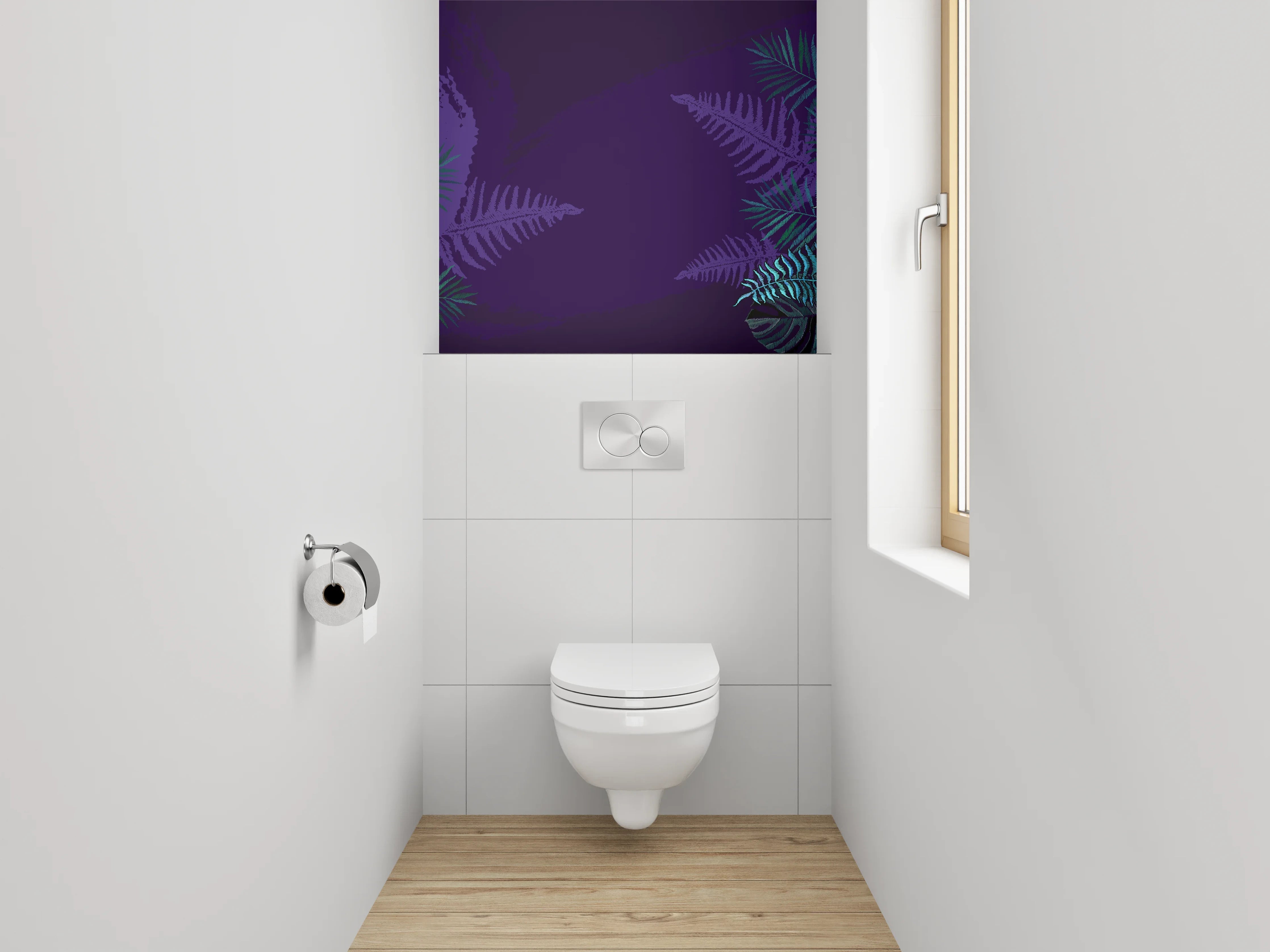 WC-Rückwand - Dinosaurier-Illustration mit Farnen und Fossilien