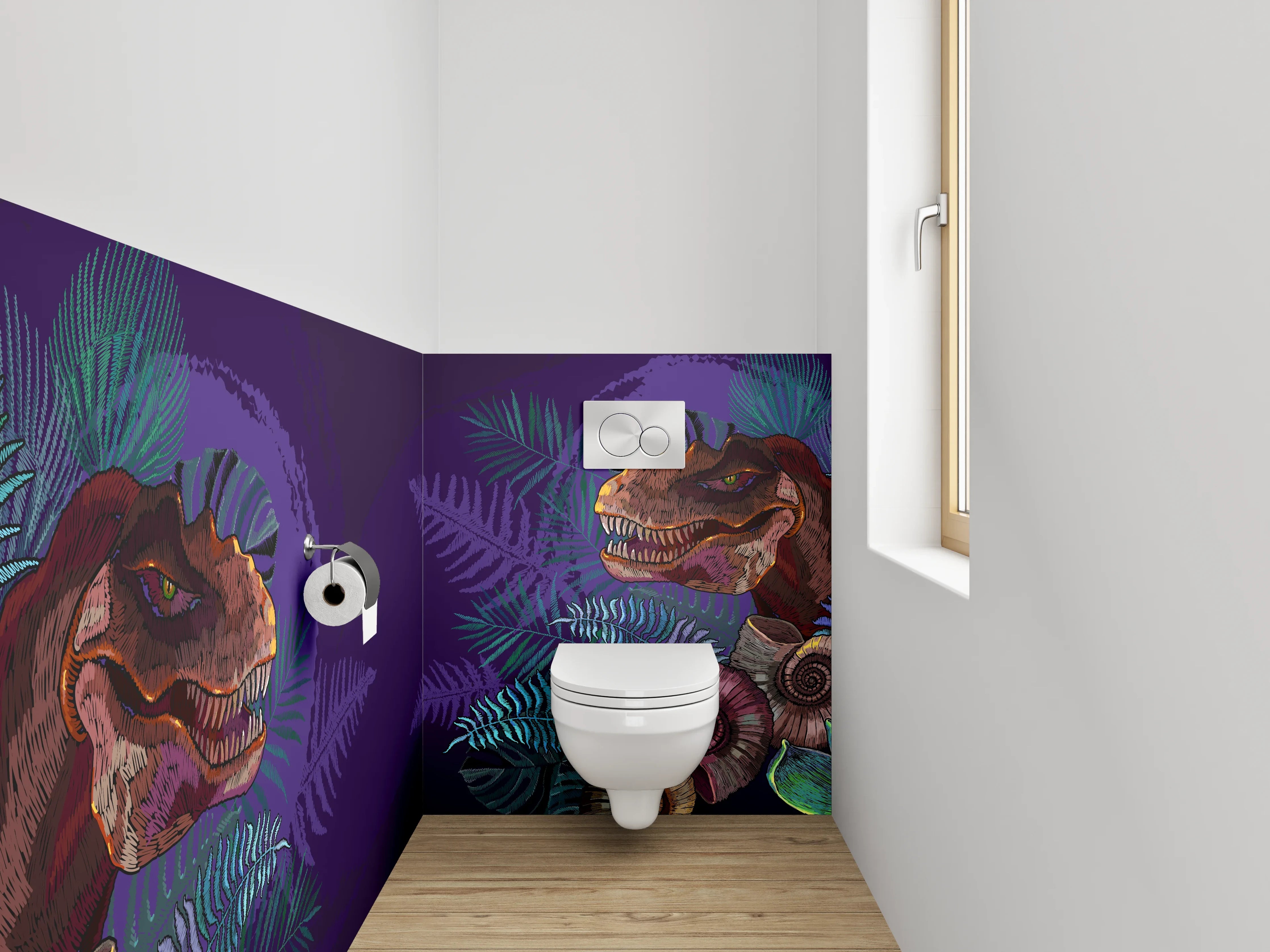 WC-Rückwand - Dinosaurier-Illustration mit Farnen und Fossilien