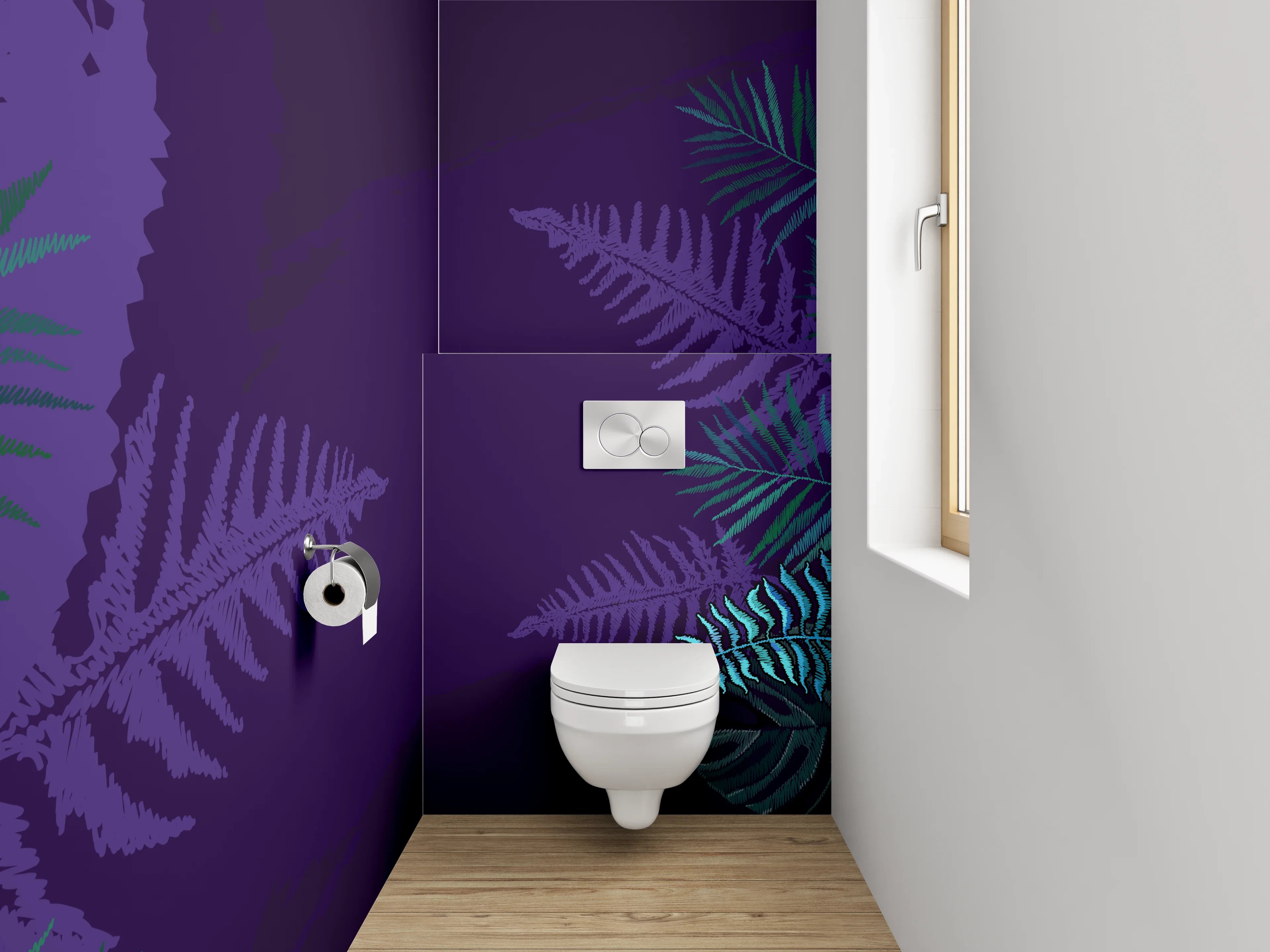 WC-Rückwand - Dinosaurier-Illustration mit Farnen und Fossilien