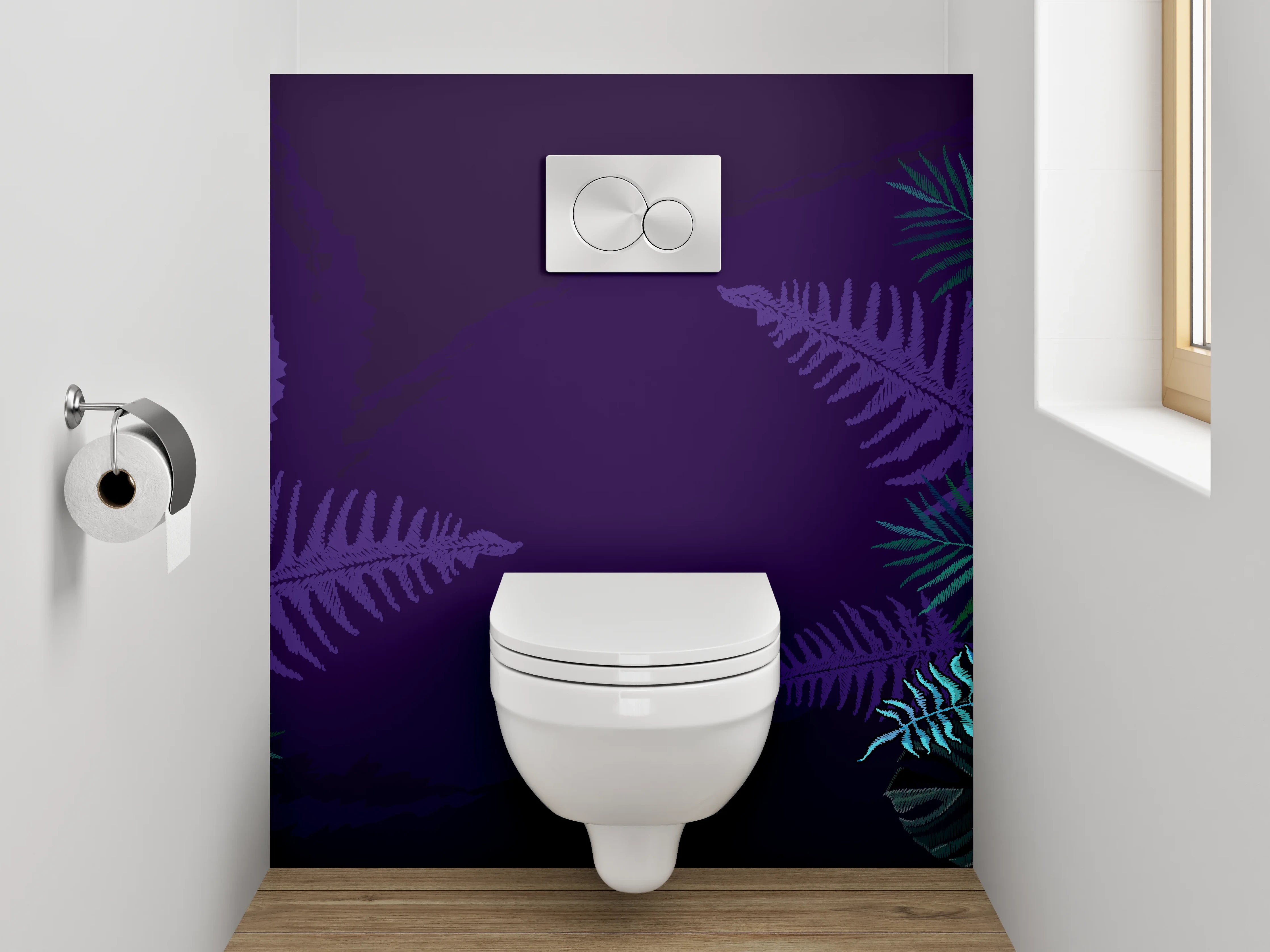 WC-Rückwand - Dinosaurier und Farn Illustration Lila