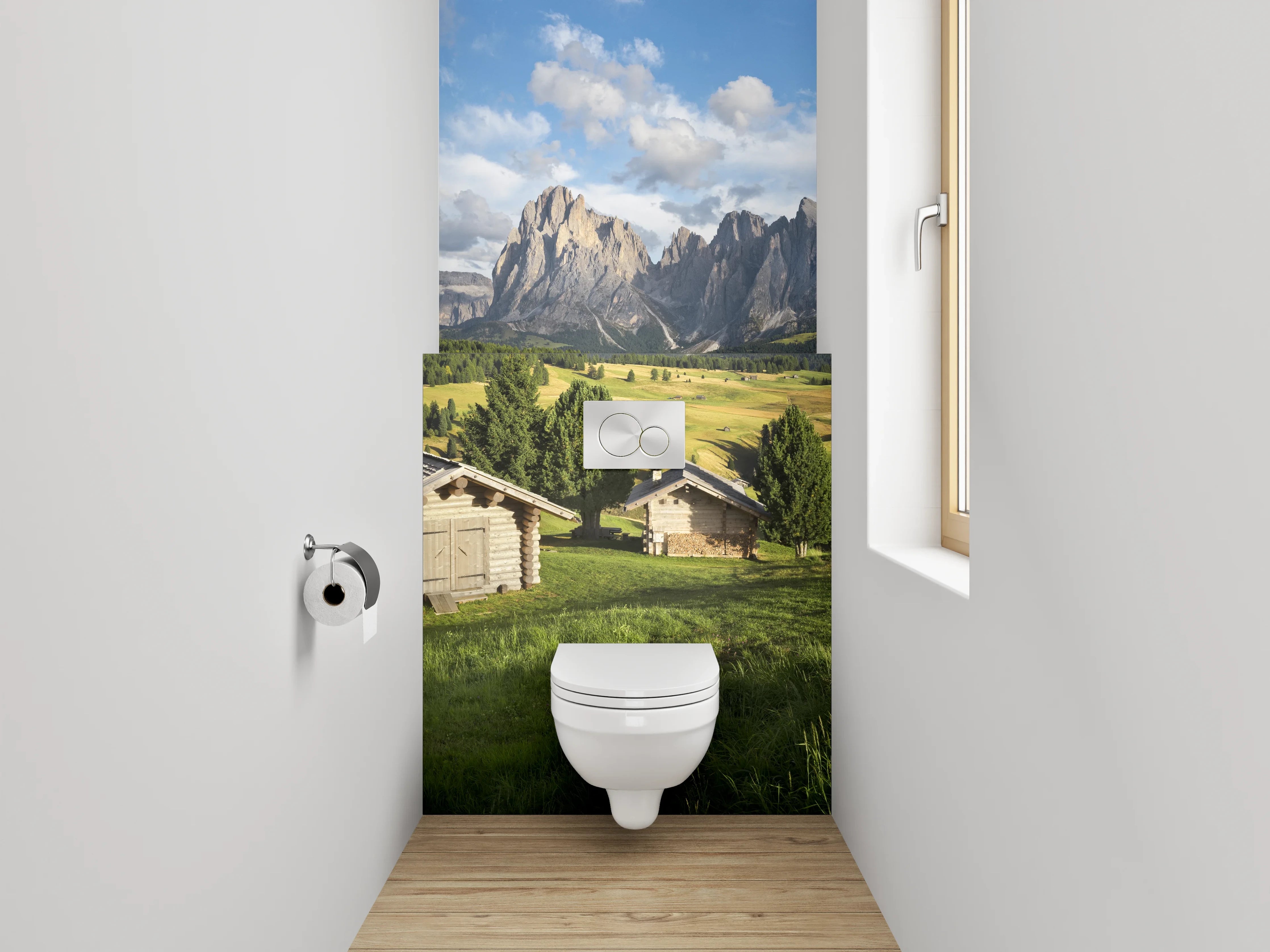 WC-Rückwand - Dolomiten-Alm: Hütten & Bergblick