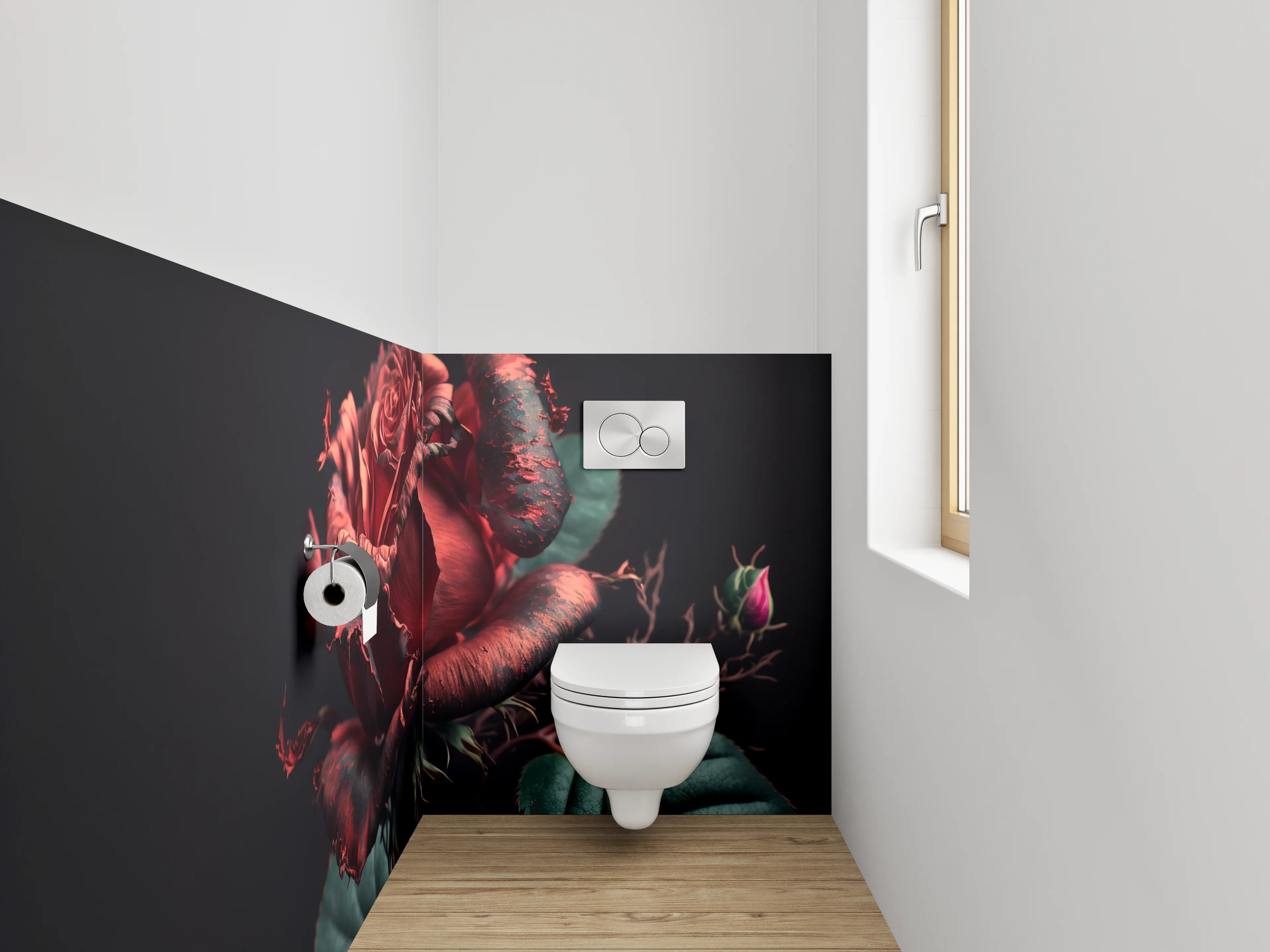 WC-Rückwand - Dramatische rote Rose auf dunklem Grund