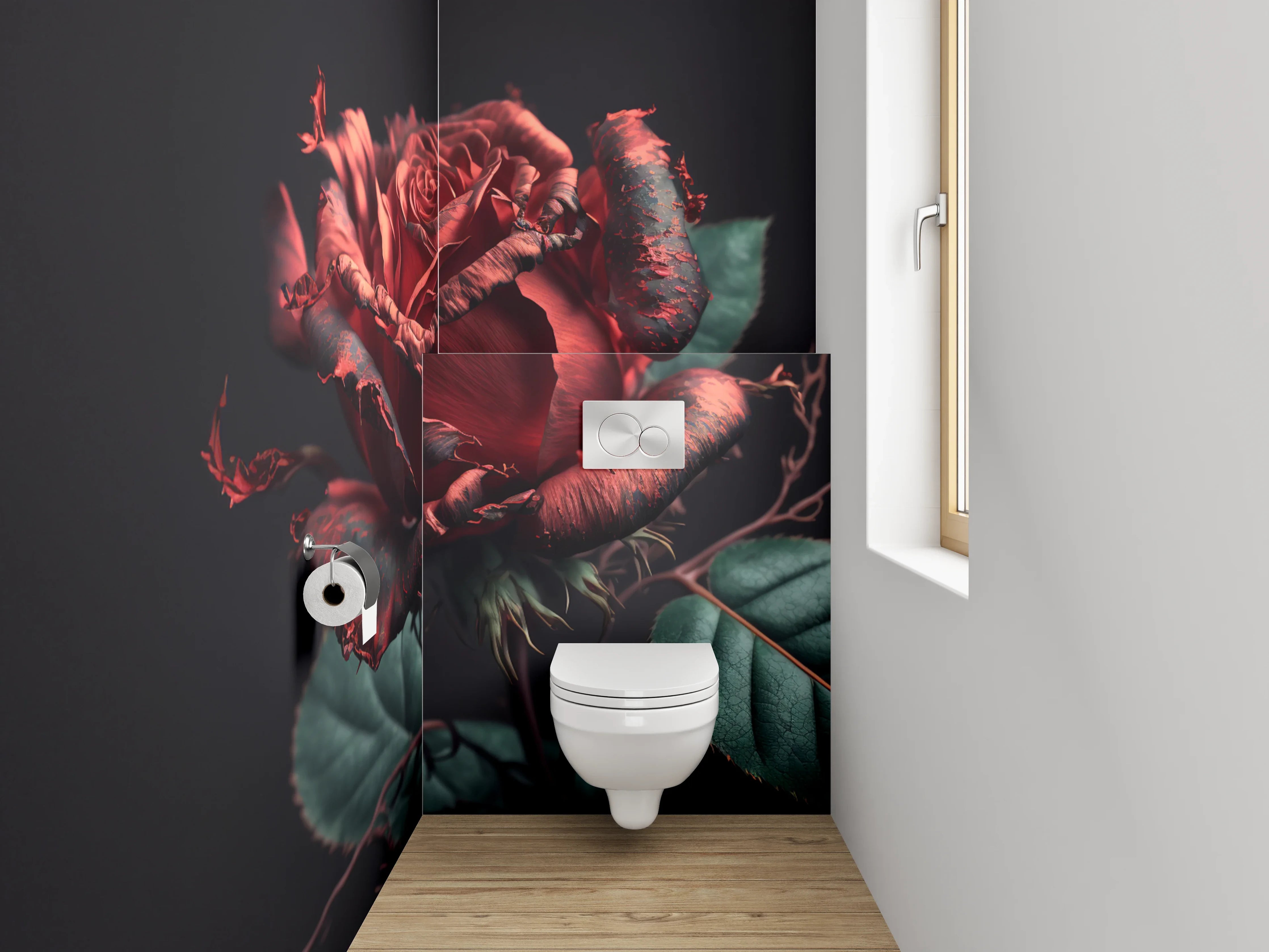 WC-Rückwand - Dramatische rote Rose auf dunklem Grund