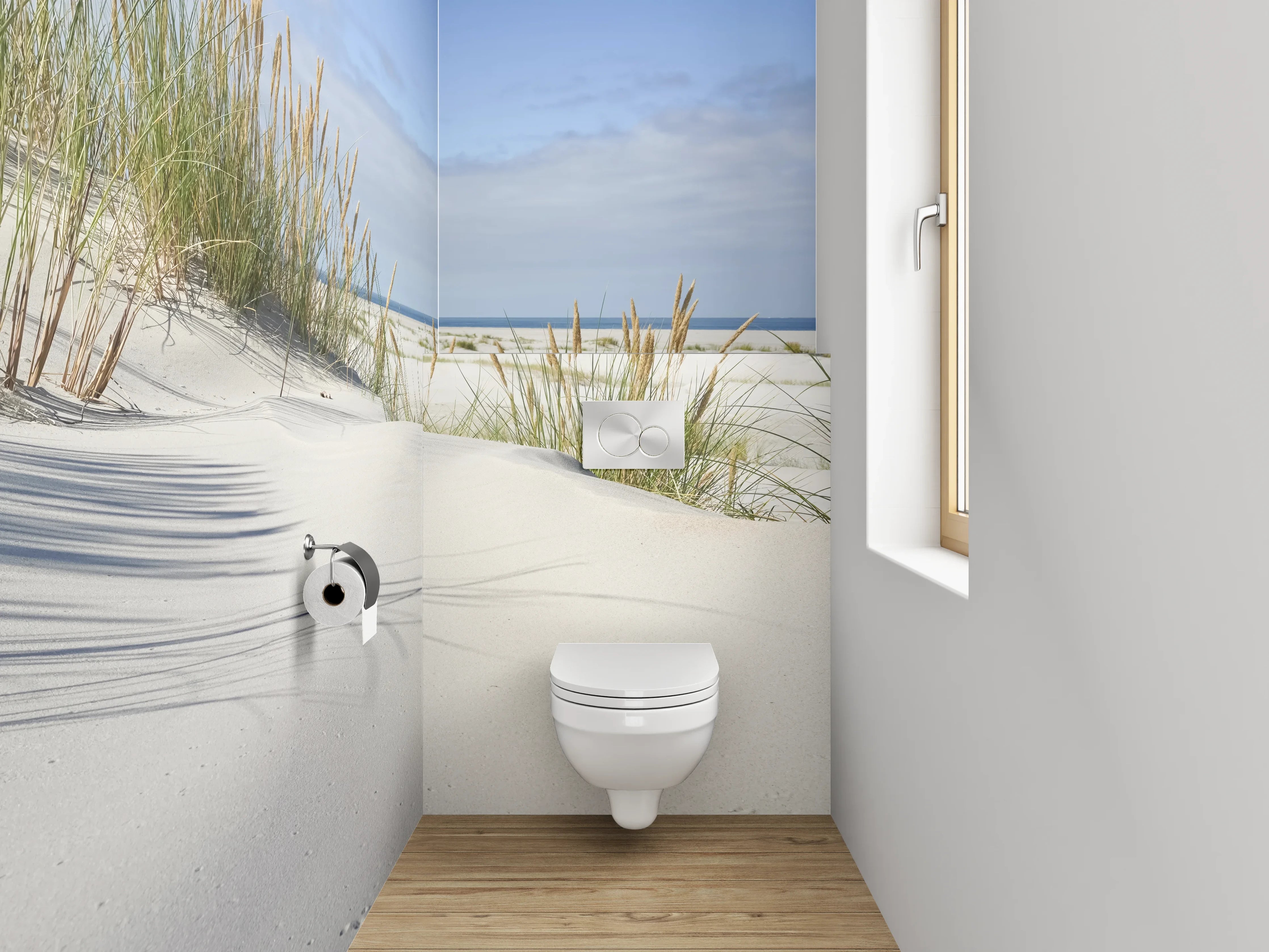 WC-Rückwand - Dünenlandschaft mit Strand und Meerblick