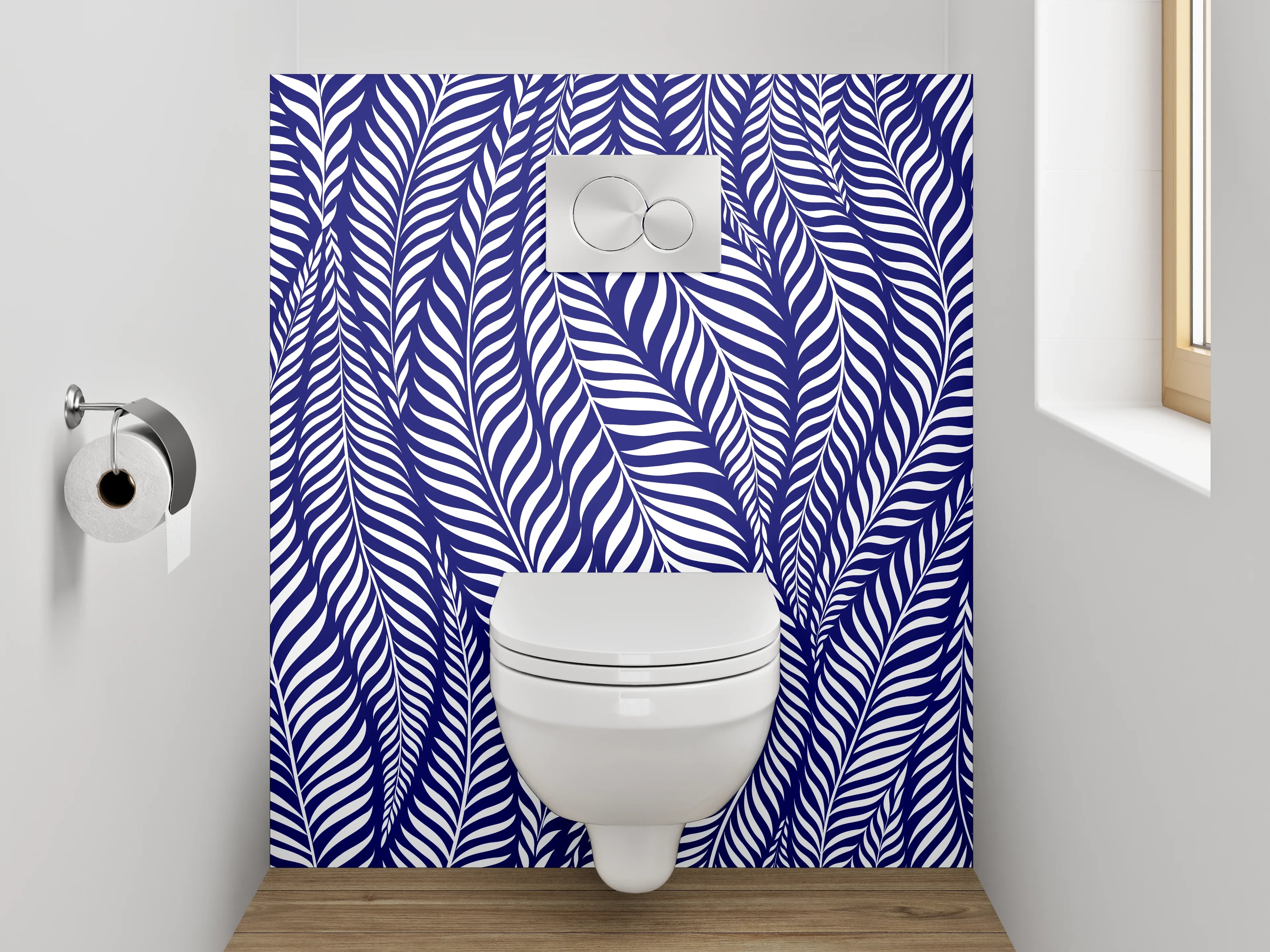 WC-Rückwand - Dunkelblaues Blättermuster modern minimalistisch