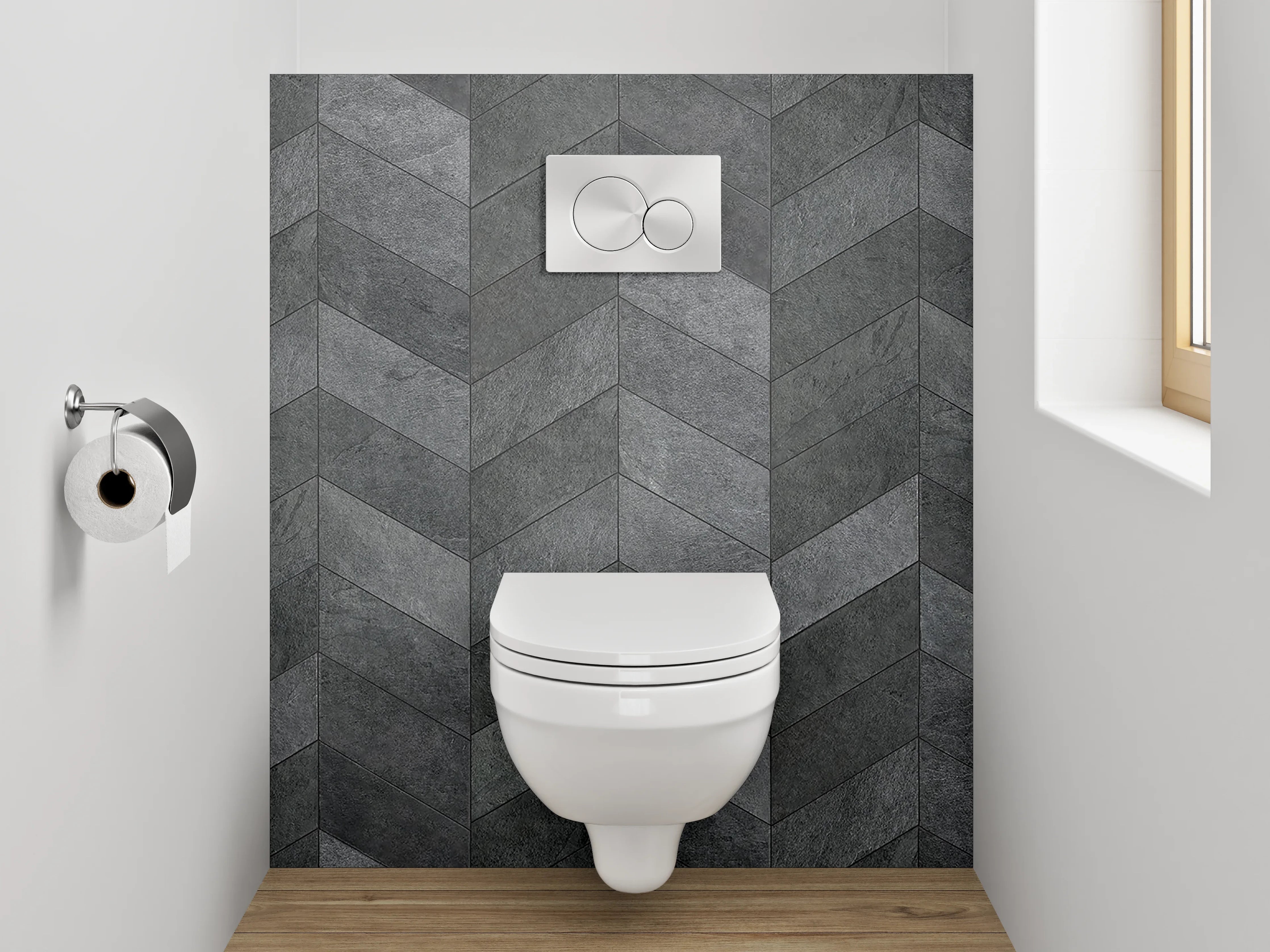 WC-Rückwand - Dunkle Schiefer Chevron-Optik Mosaik