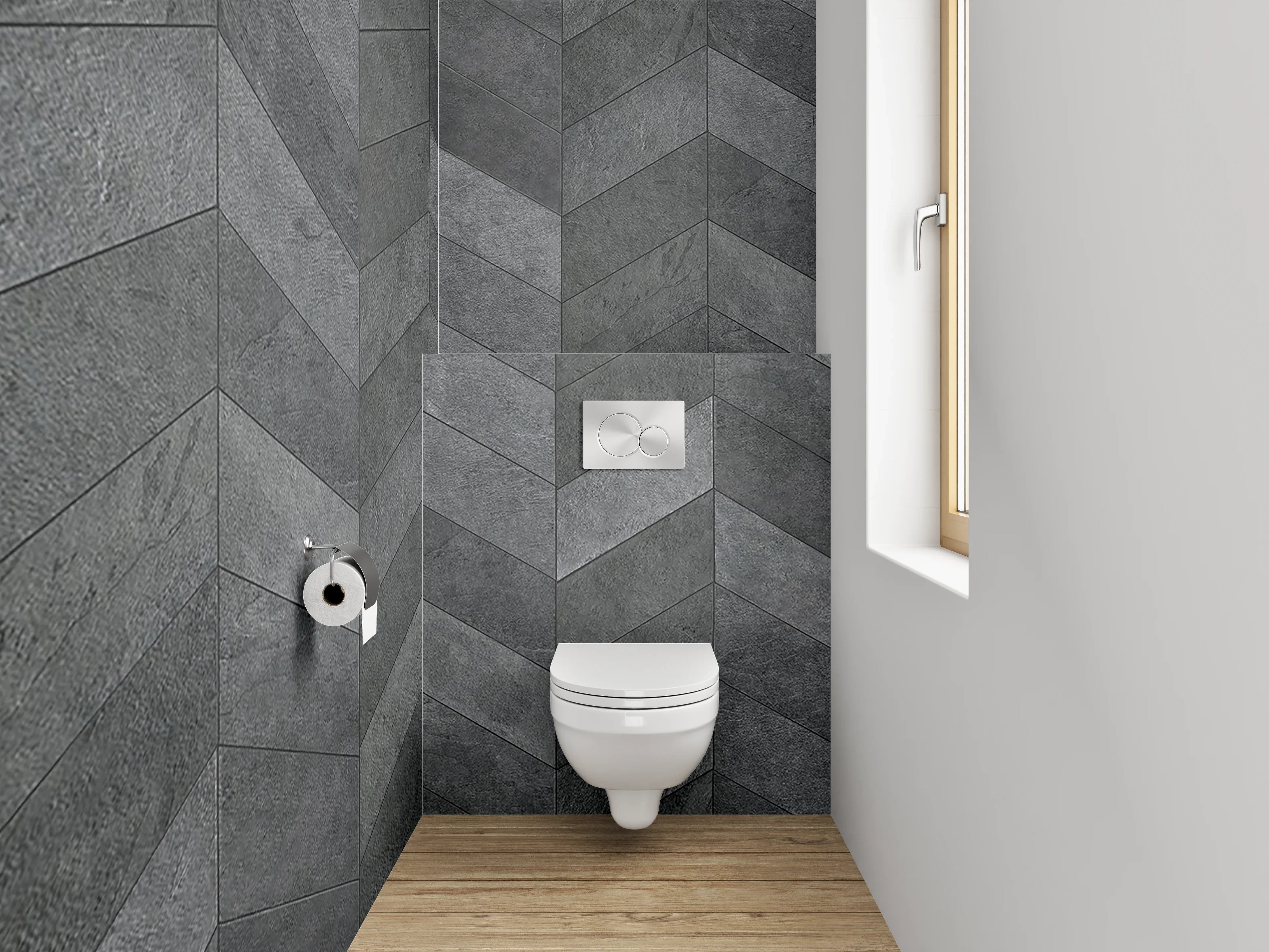 WC-Rückwand - Dunkle Schiefer Chevron-Optik Mosaik