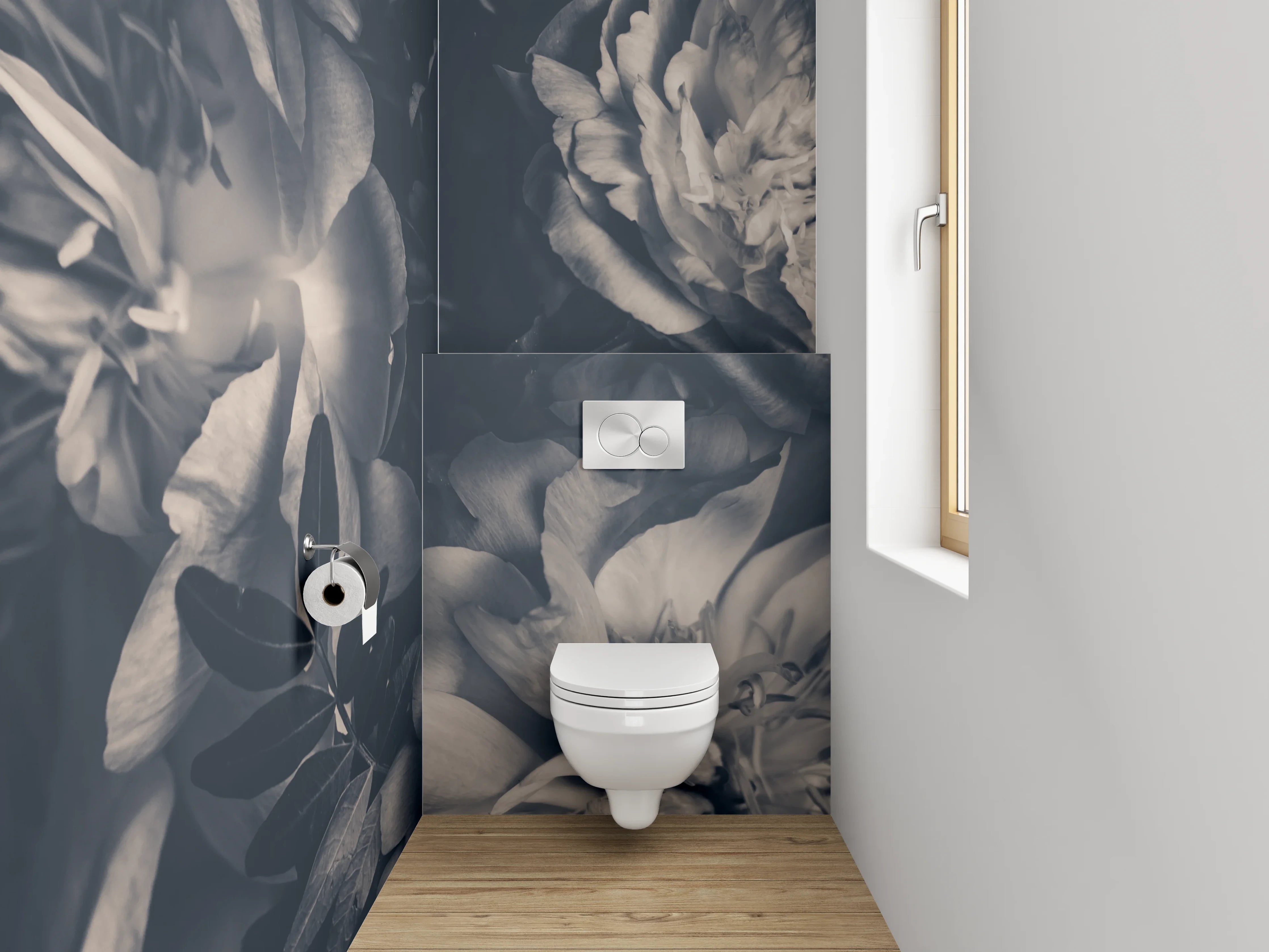 WC-Rückwand - Dunkle Vintage-Blumen Schwarz-Weiß