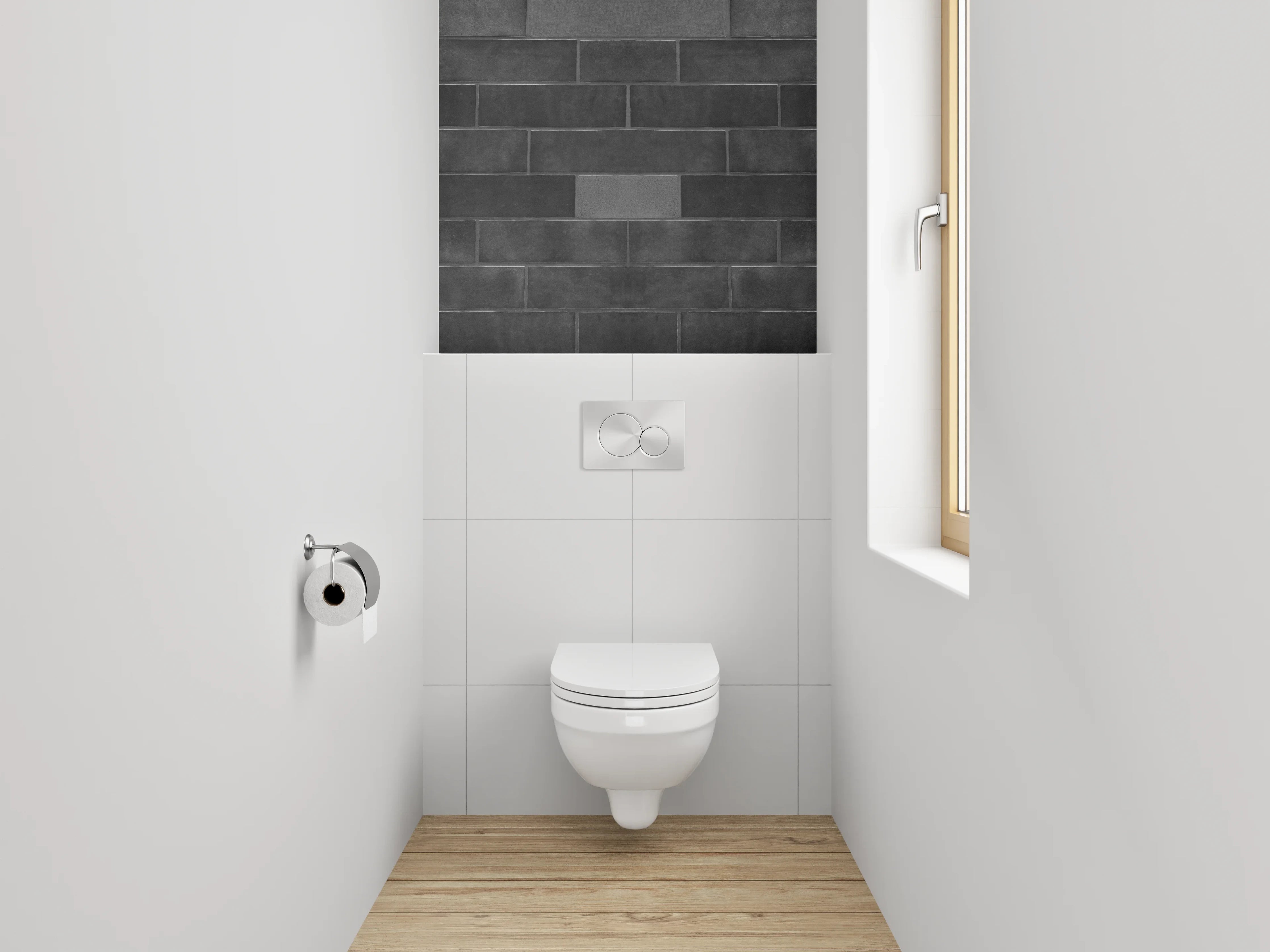 WC-Rückwand - Dunkle Ziegelwand mit langgezogenen Steinen