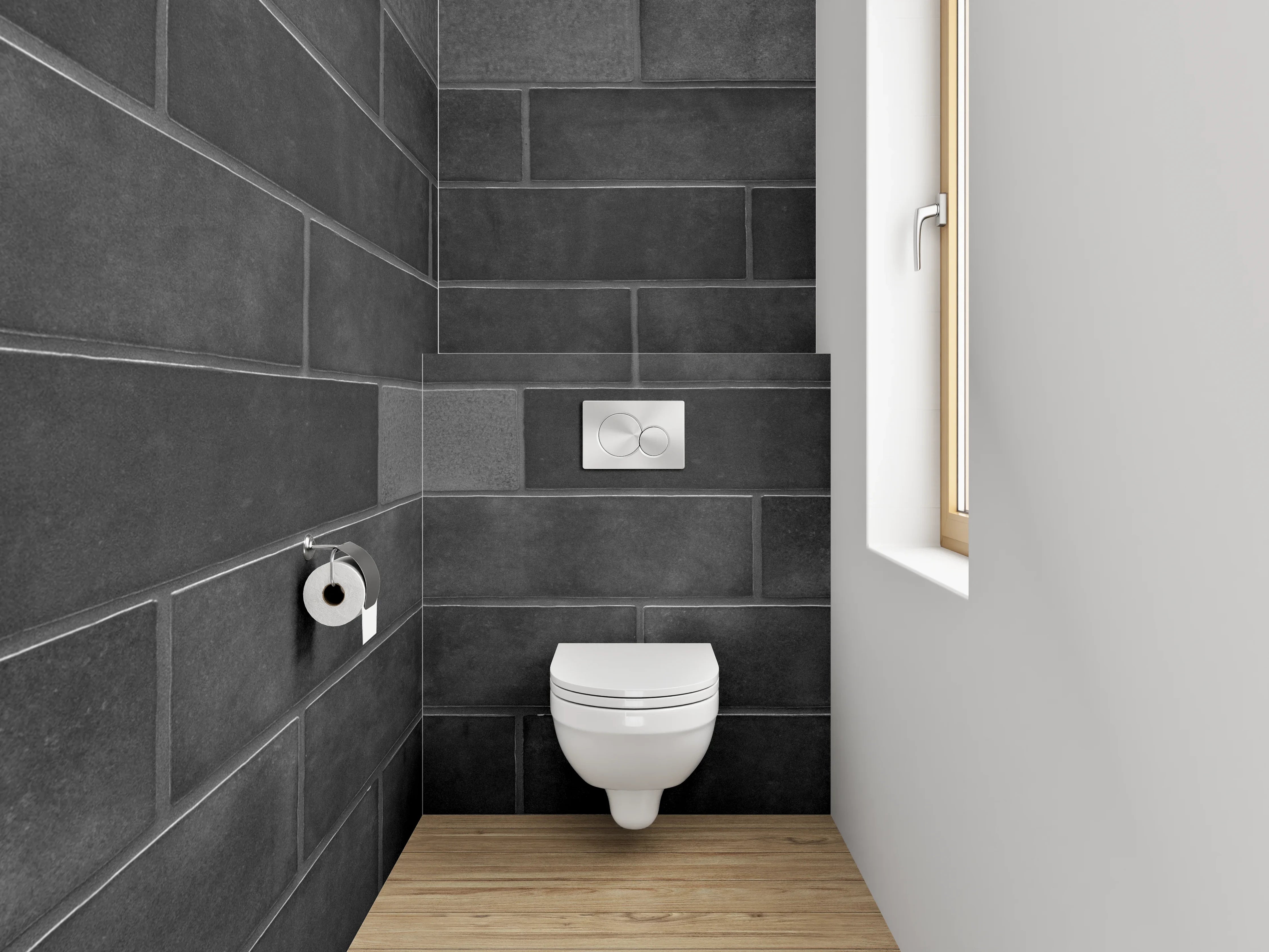 WC-Rückwand - Dunkle Ziegelwand mit langgezogenen Steinen