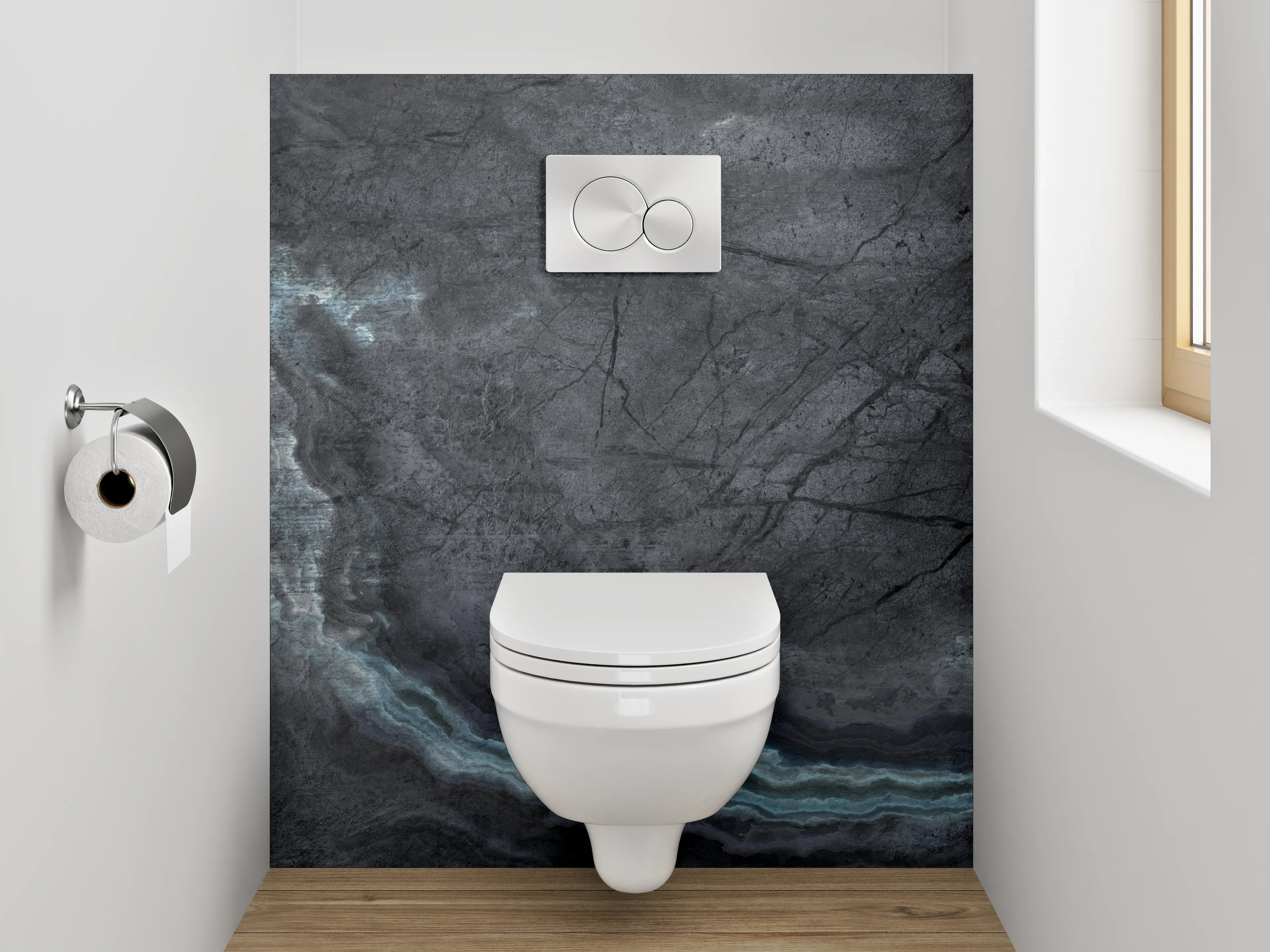 WC-Rückwand - Dunkle schieferartige Marmoroptik Steinstruktur