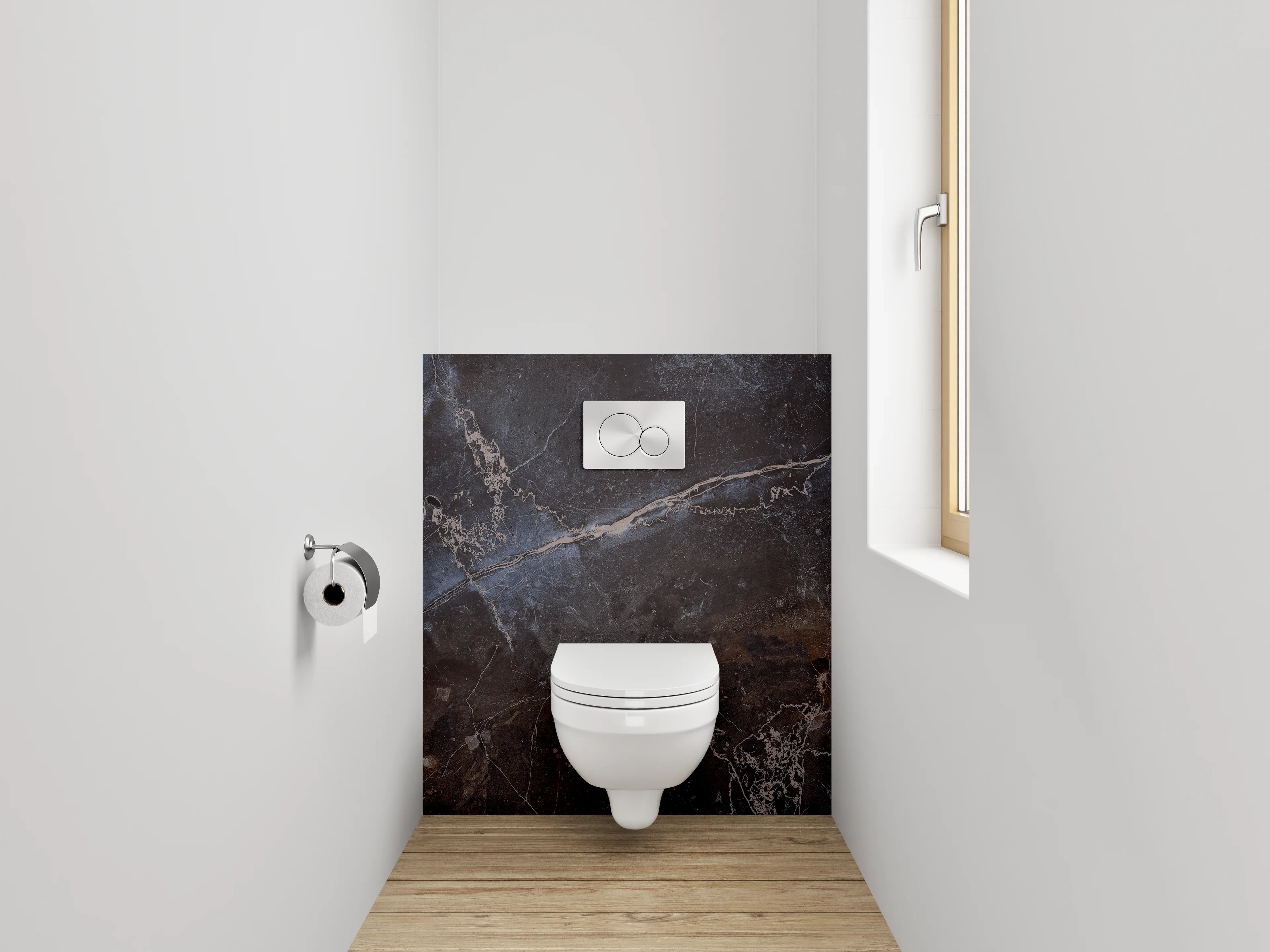 WC-Rückwand - Dunkler Marmor mit blauen Akzenten