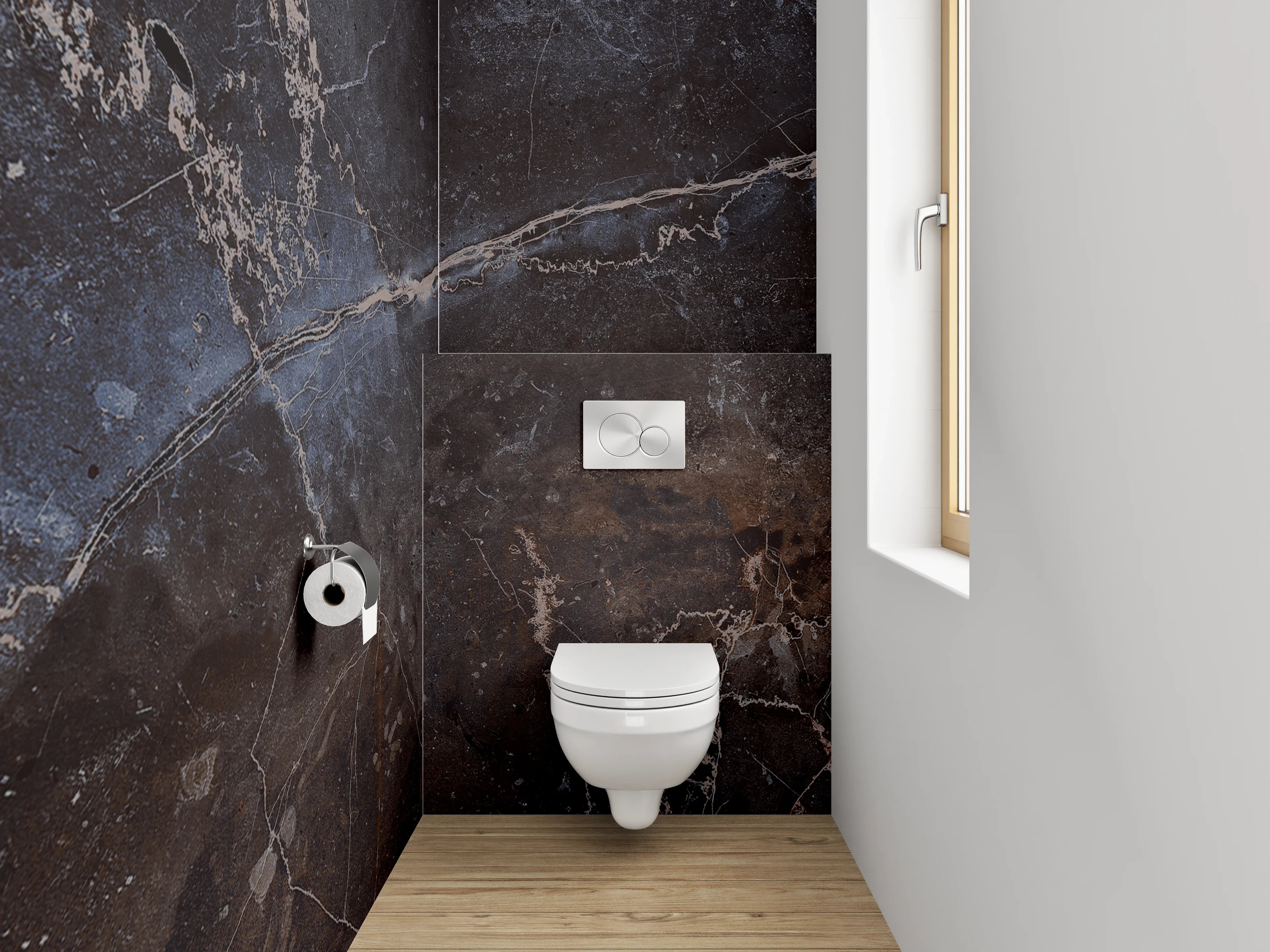 WC-Rückwand - Dunkler Marmor mit blauen Akzenten