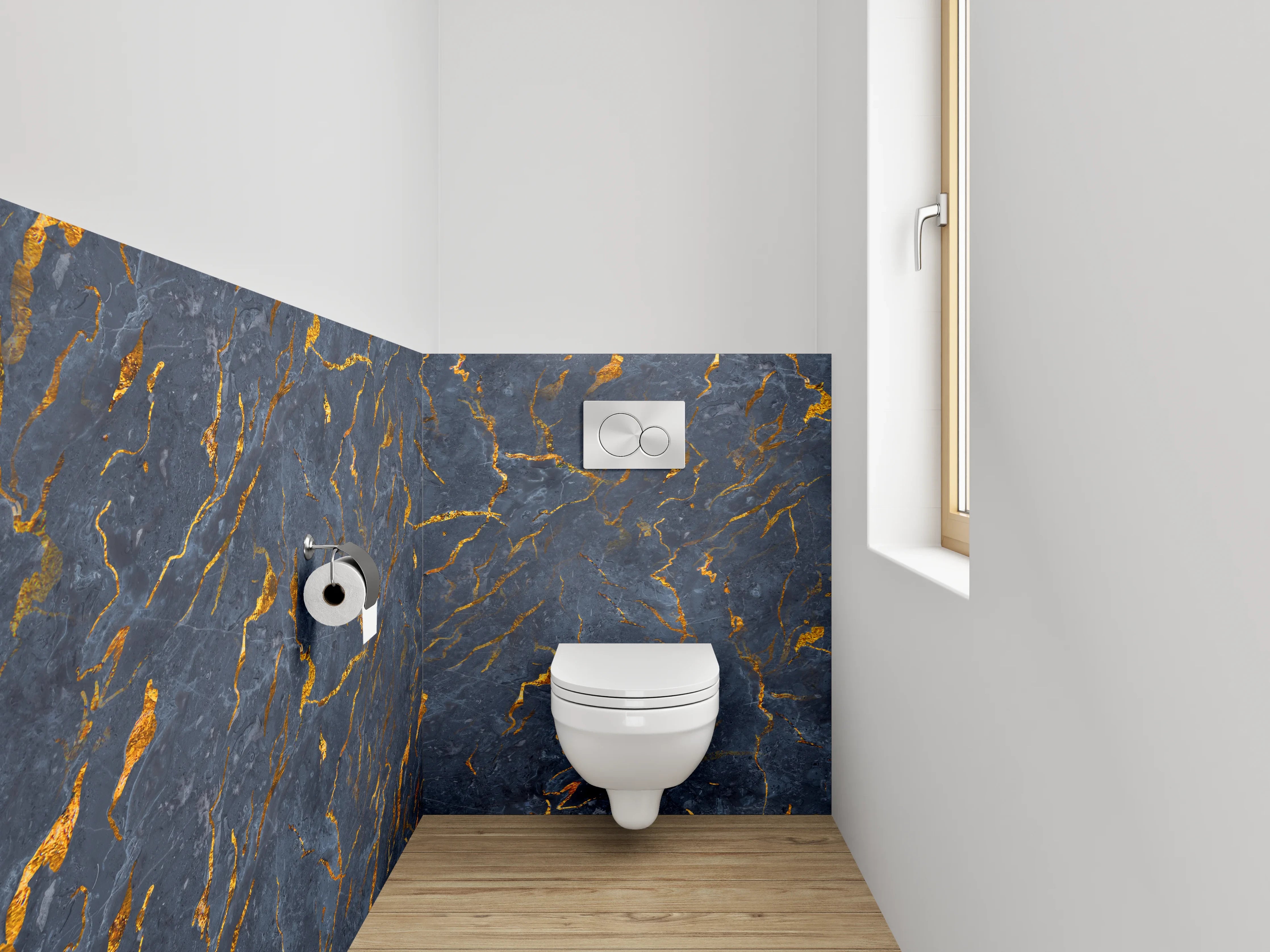 WC-Rückwand - Dunkler Marmor mit goldenen Adern