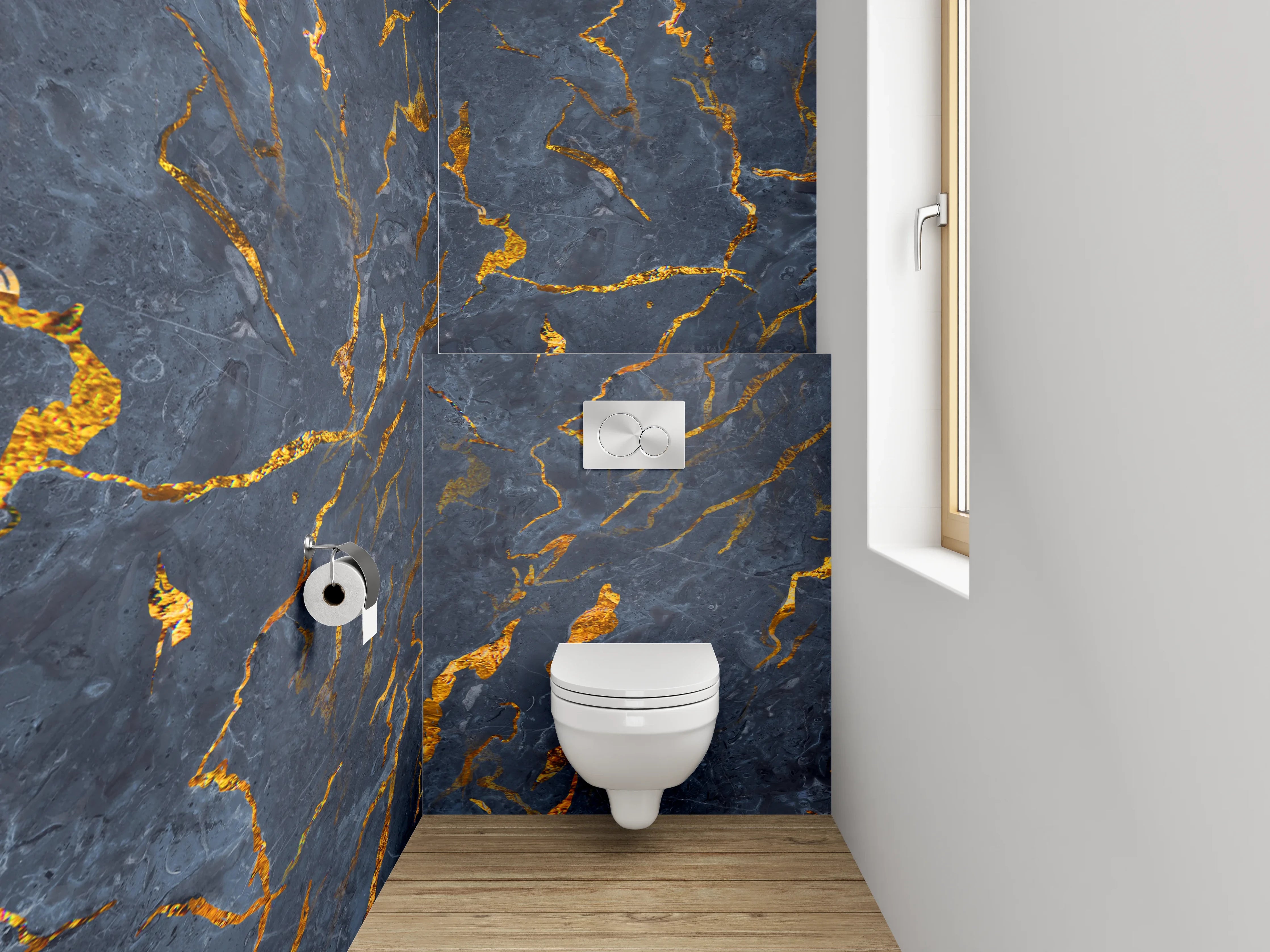 WC-Rückwand - Dunkler Marmor mit goldenen Adern