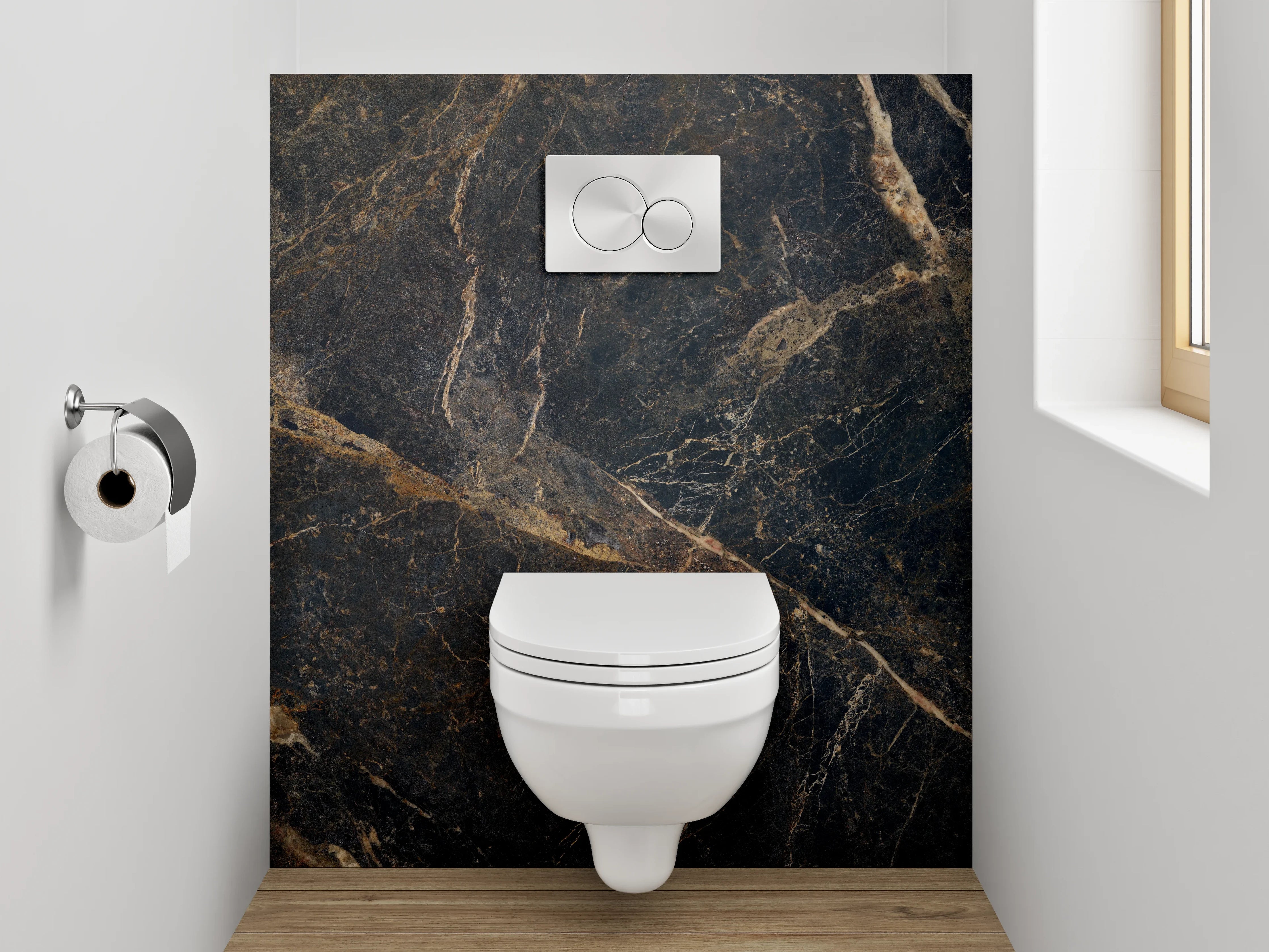 WC-Rückwand - Dunkler Marmor mit goldener Maserung