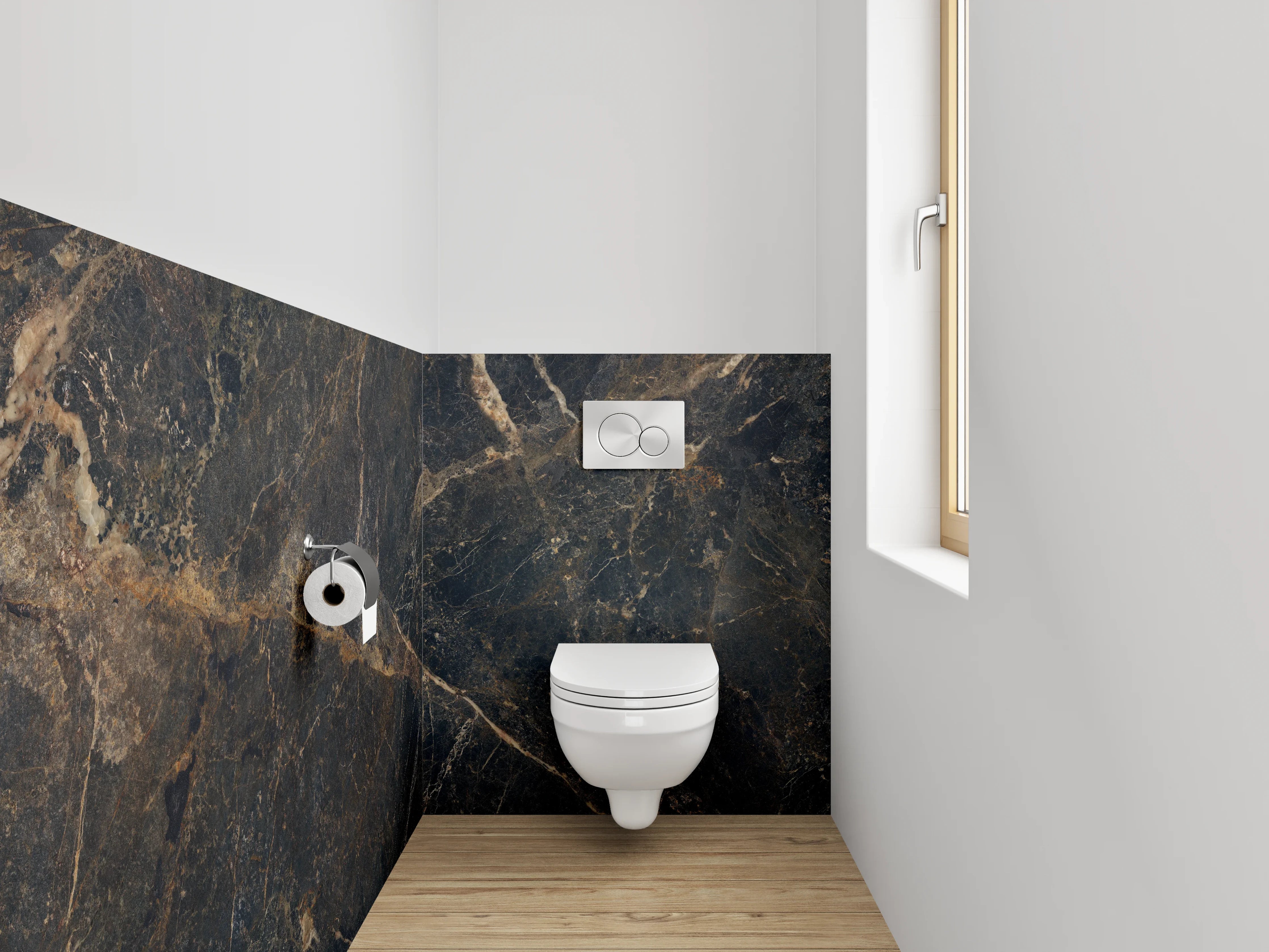 WC-Rückwand - Dunkler Marmor mit goldener Maserung