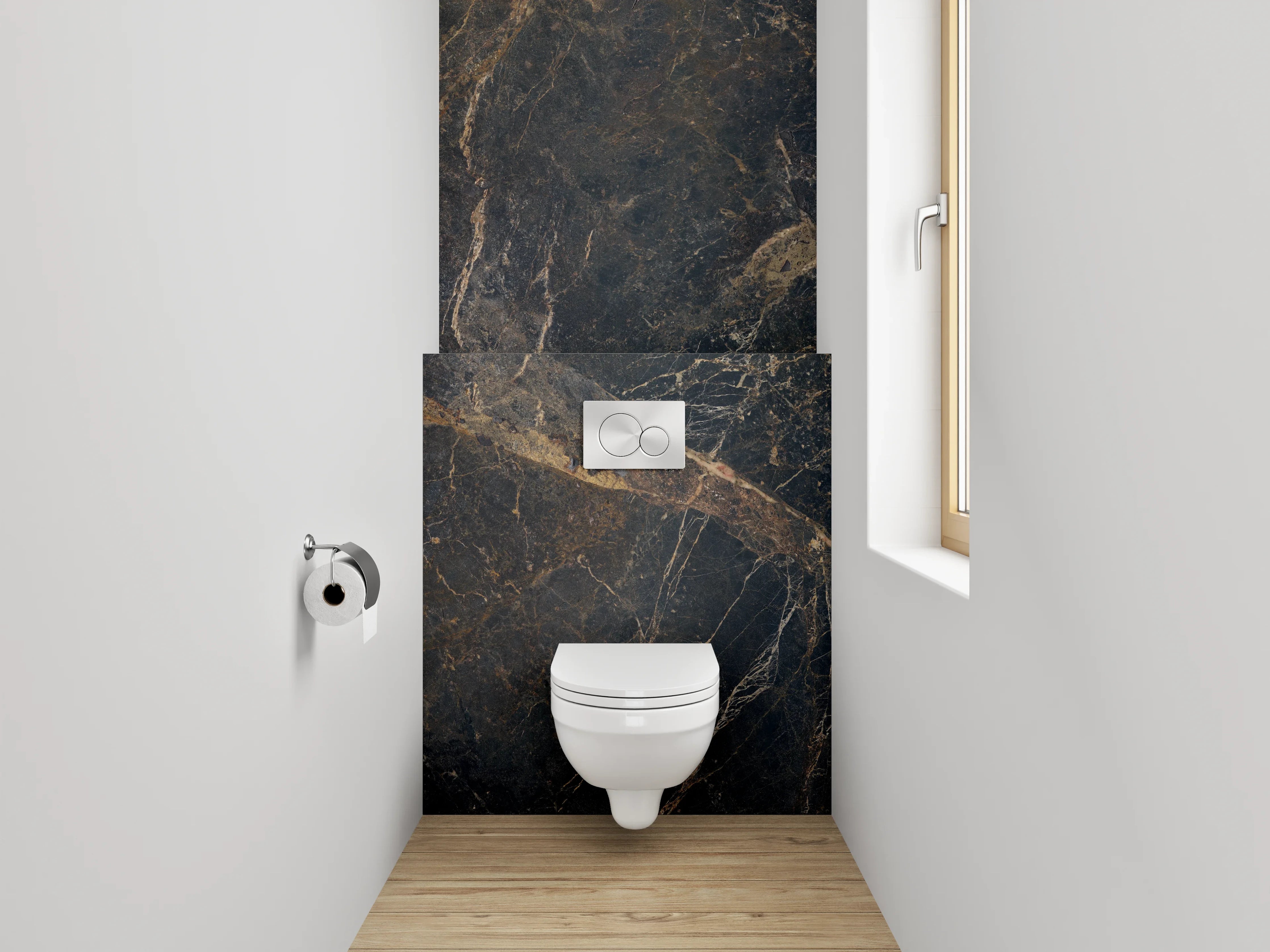 WC-Rückwand - Dunkler Marmor mit goldener Maserung