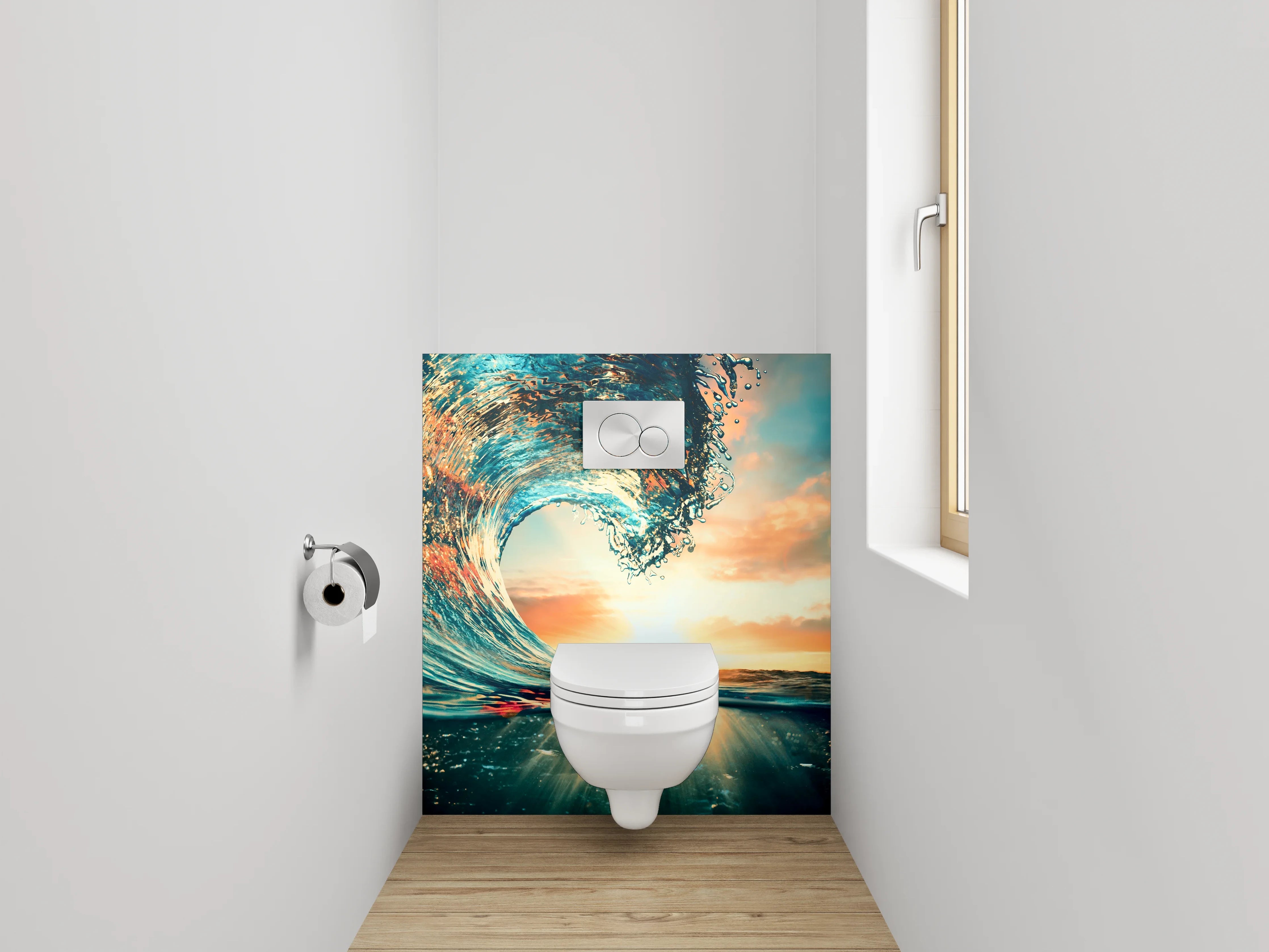 WC-Rückwand - Dynamische Ozeanwelle im Sonnenuntergang
