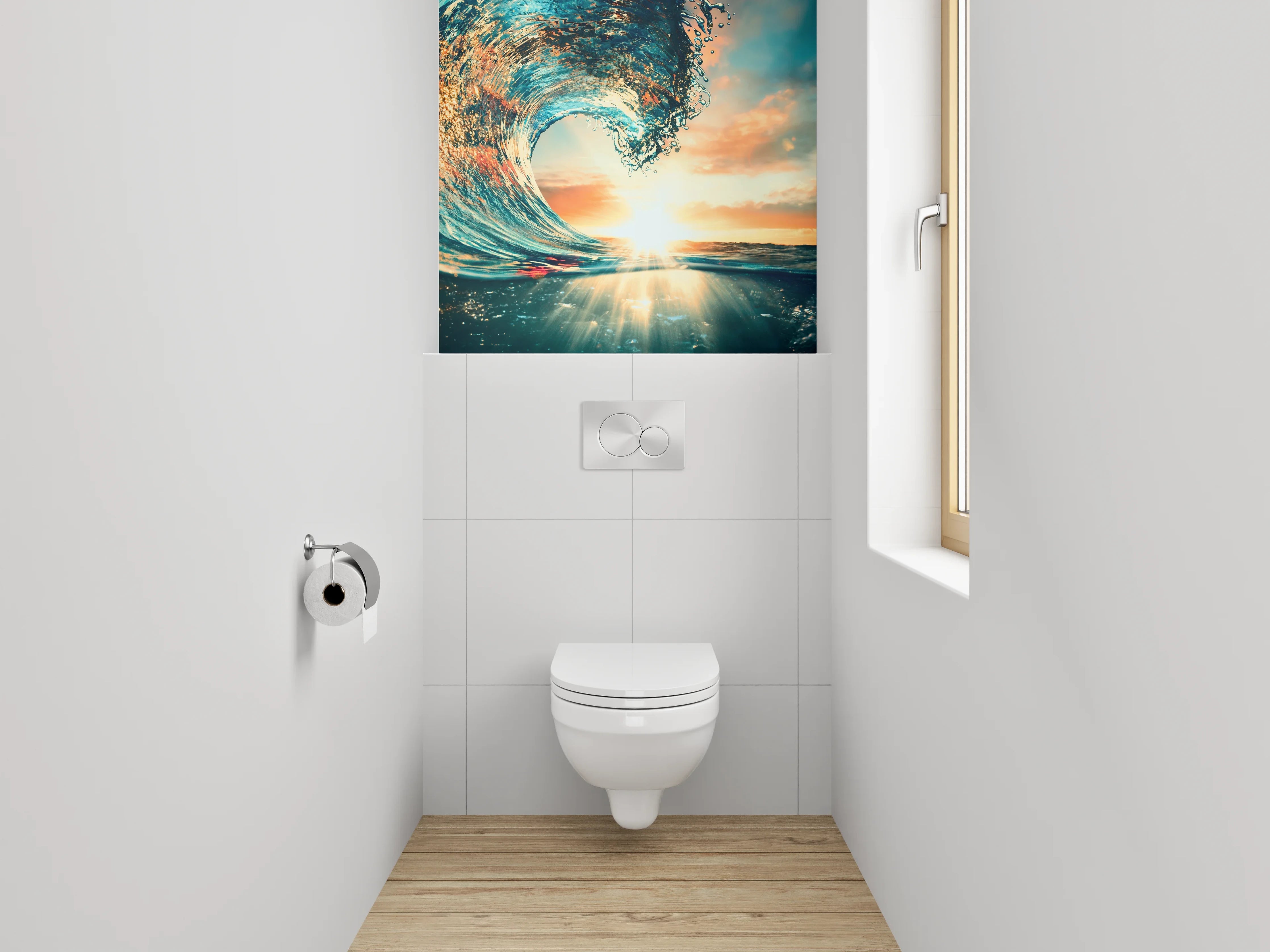 WC-Rückwand - Dynamische Ozeanwelle im Sonnenuntergang