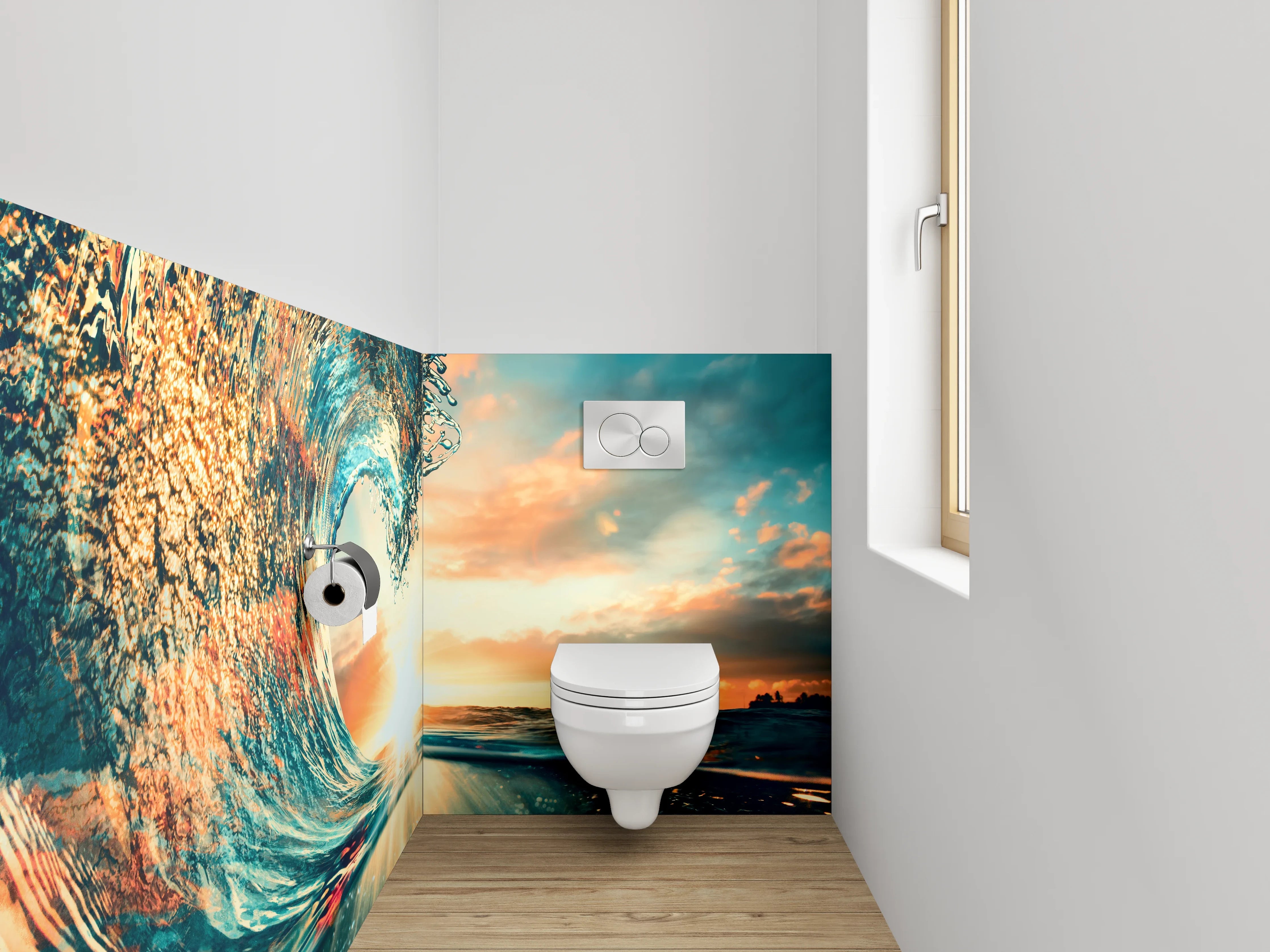 WC-Rückwand - Dynamische Ozeanwelle im Sonnenuntergang