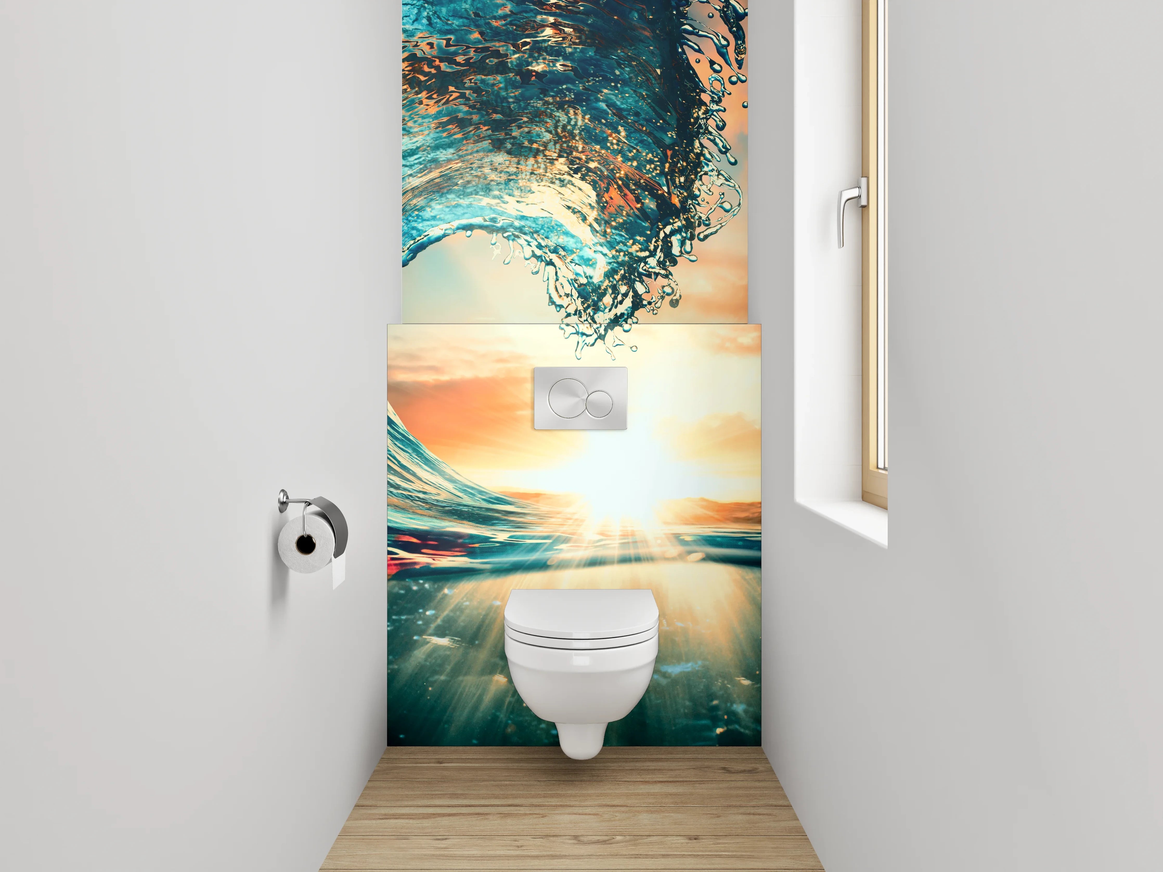 WC-Rückwand - Dynamische Ozeanwelle im Sonnenuntergang