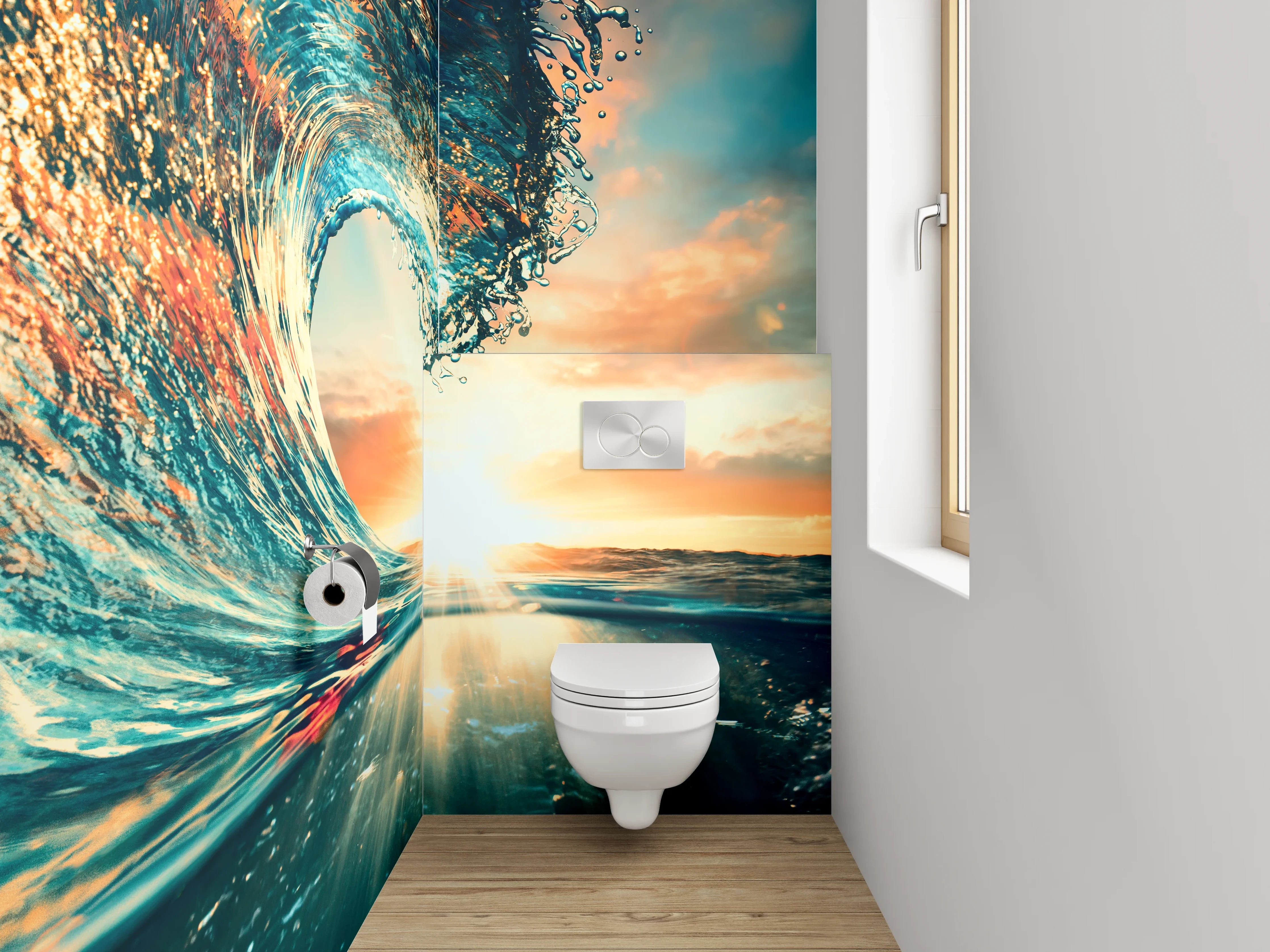 WC-Rückwand - Dynamische Ozeanwelle im Sonnenuntergang