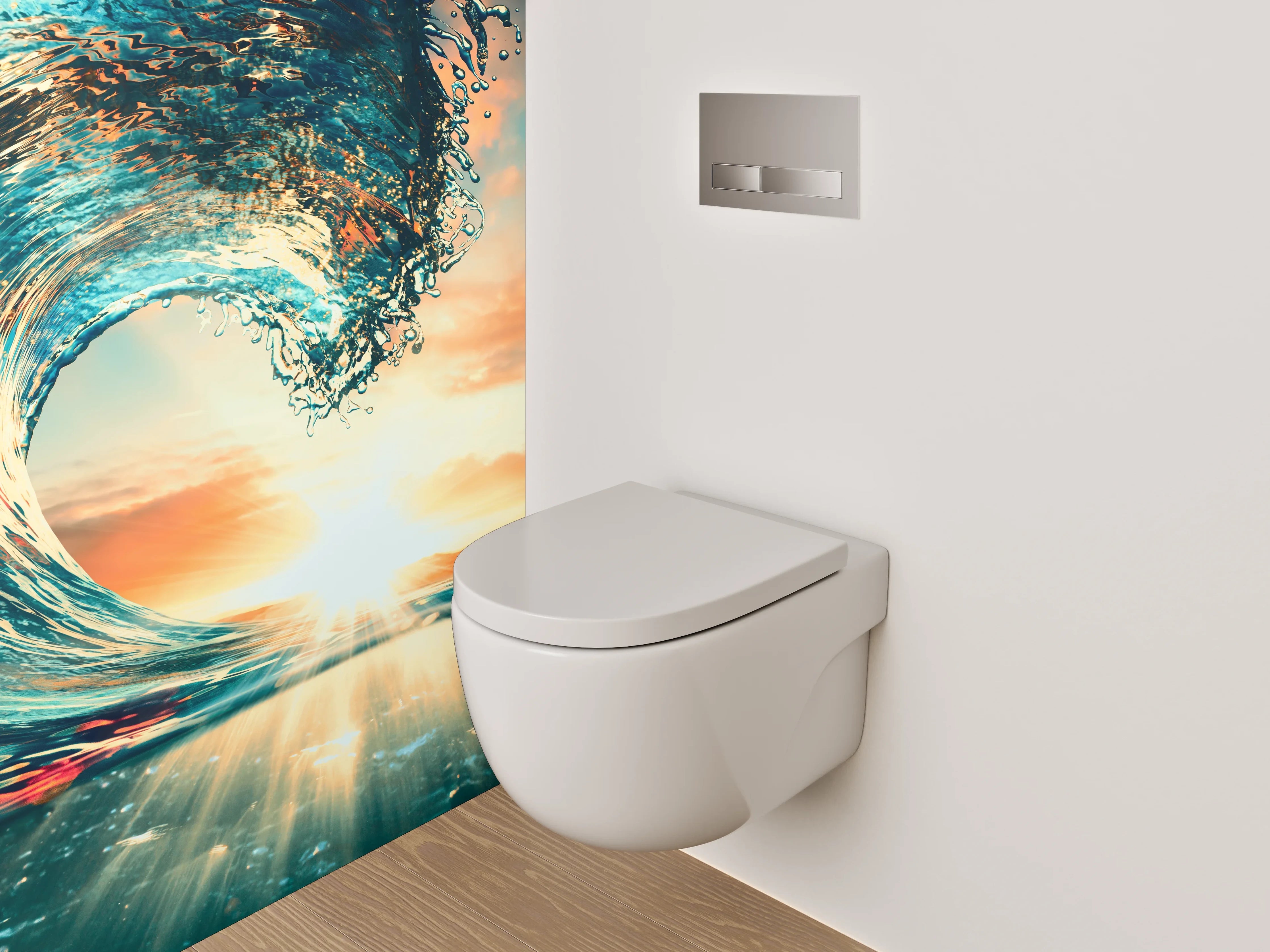 WC-Rückwand - Dynamische Ozeanwelle im Sonnenuntergang