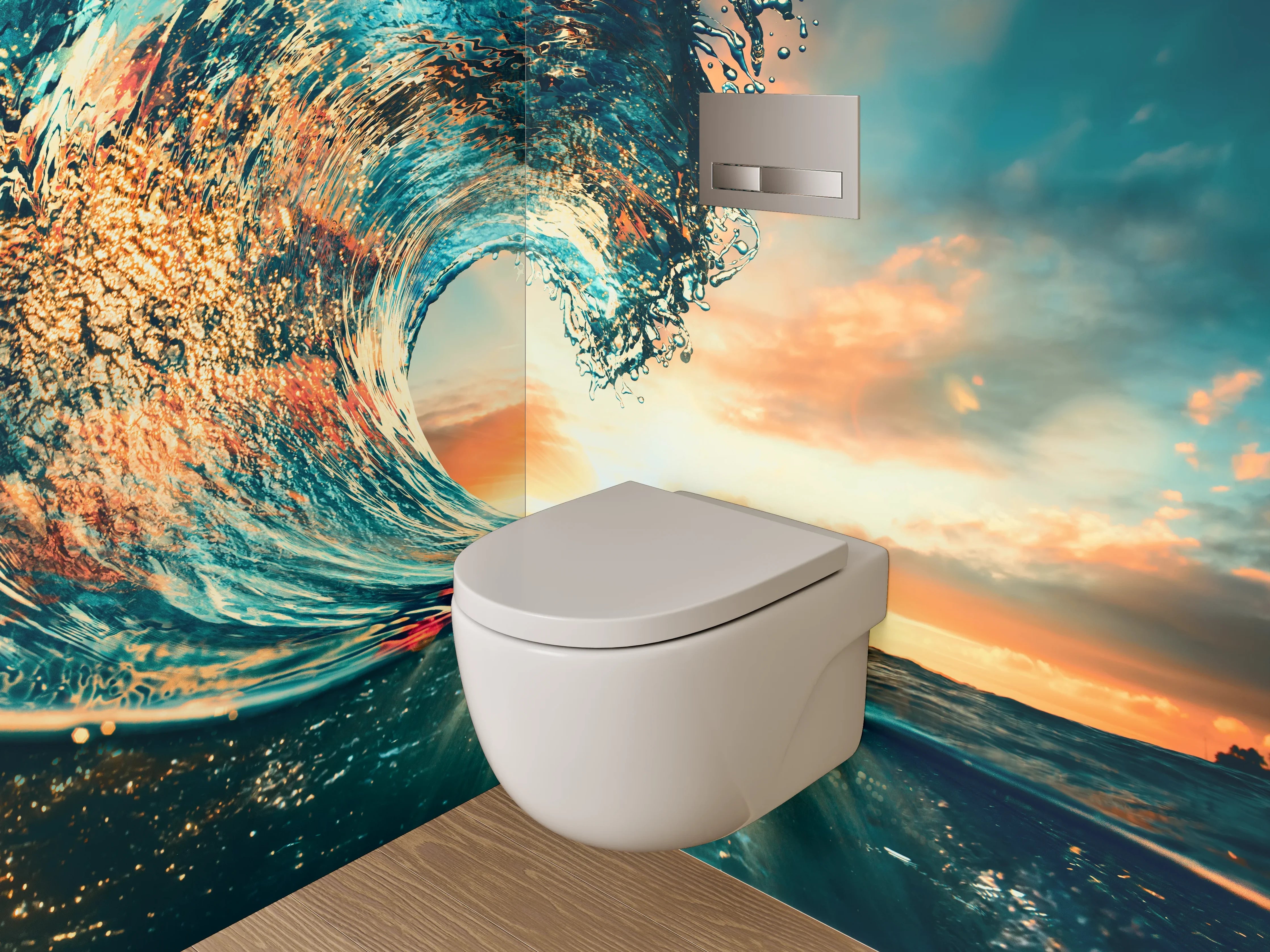 WC-Rückwand - Dynamische Ozeanwelle im Sonnenuntergang
