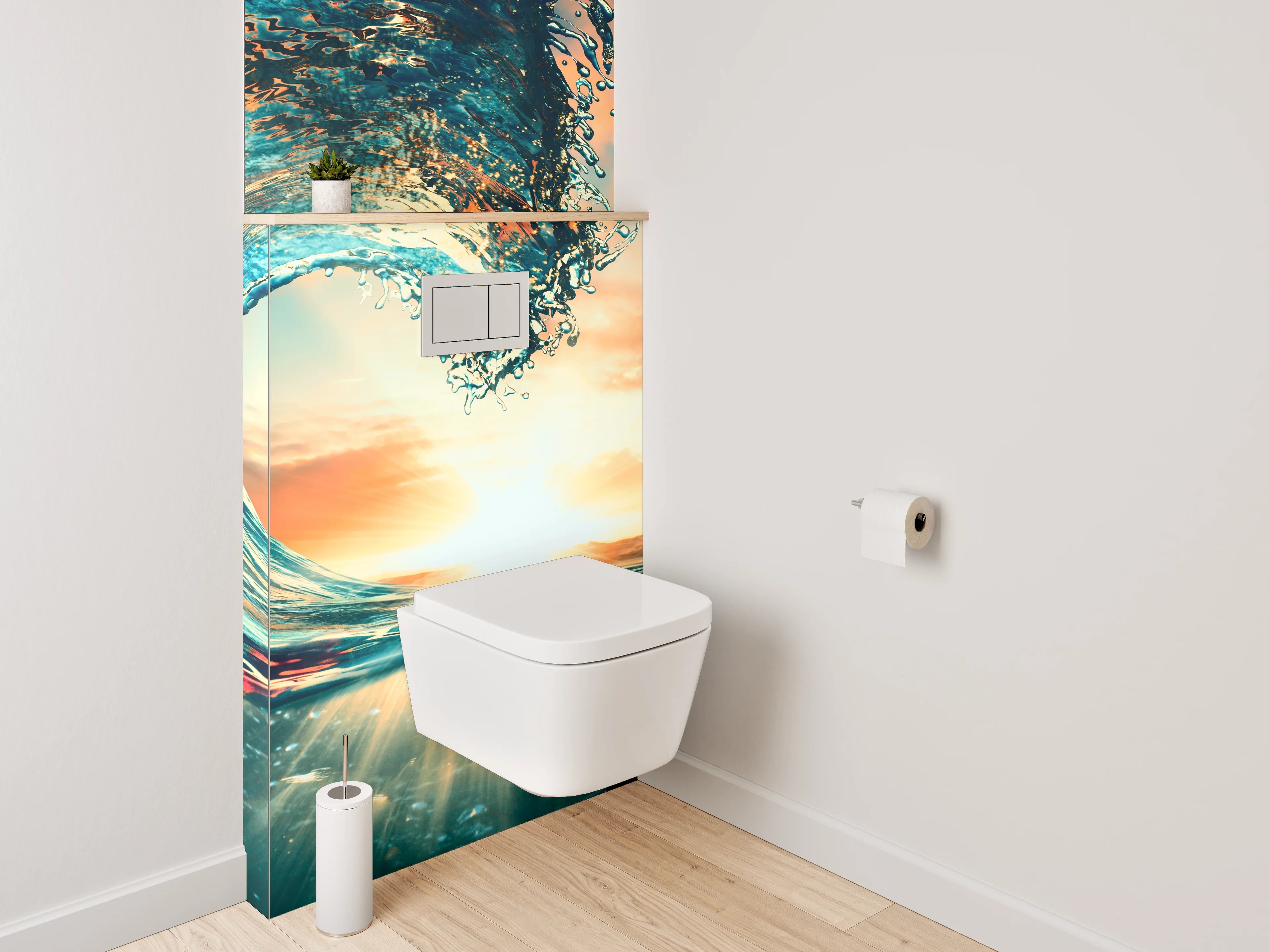 WC-Rückwand - Dynamische Ozeanwelle im Sonnenuntergang