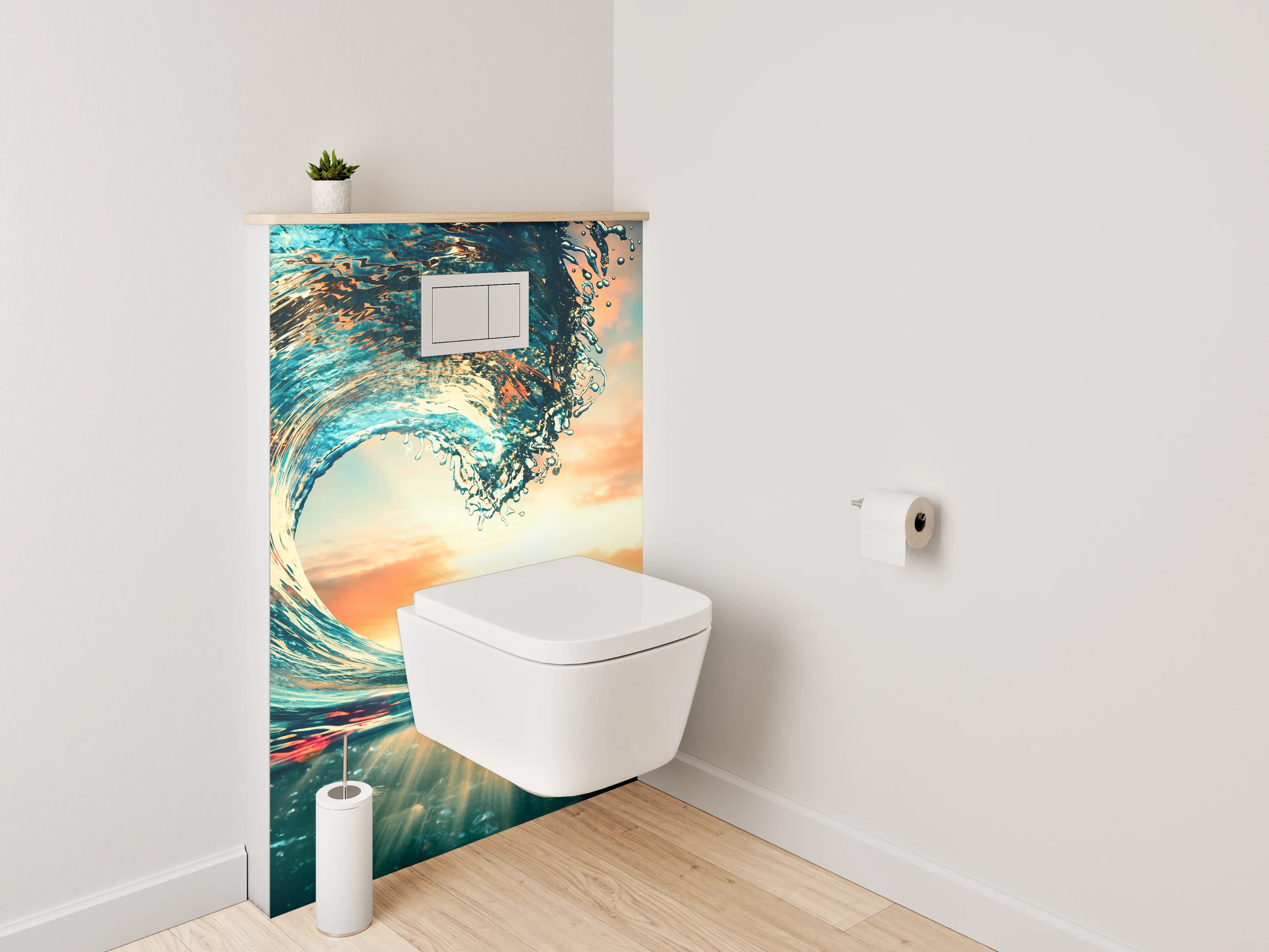WC-Rückwand - Dynamische Ozeanwelle im Sonnenuntergang