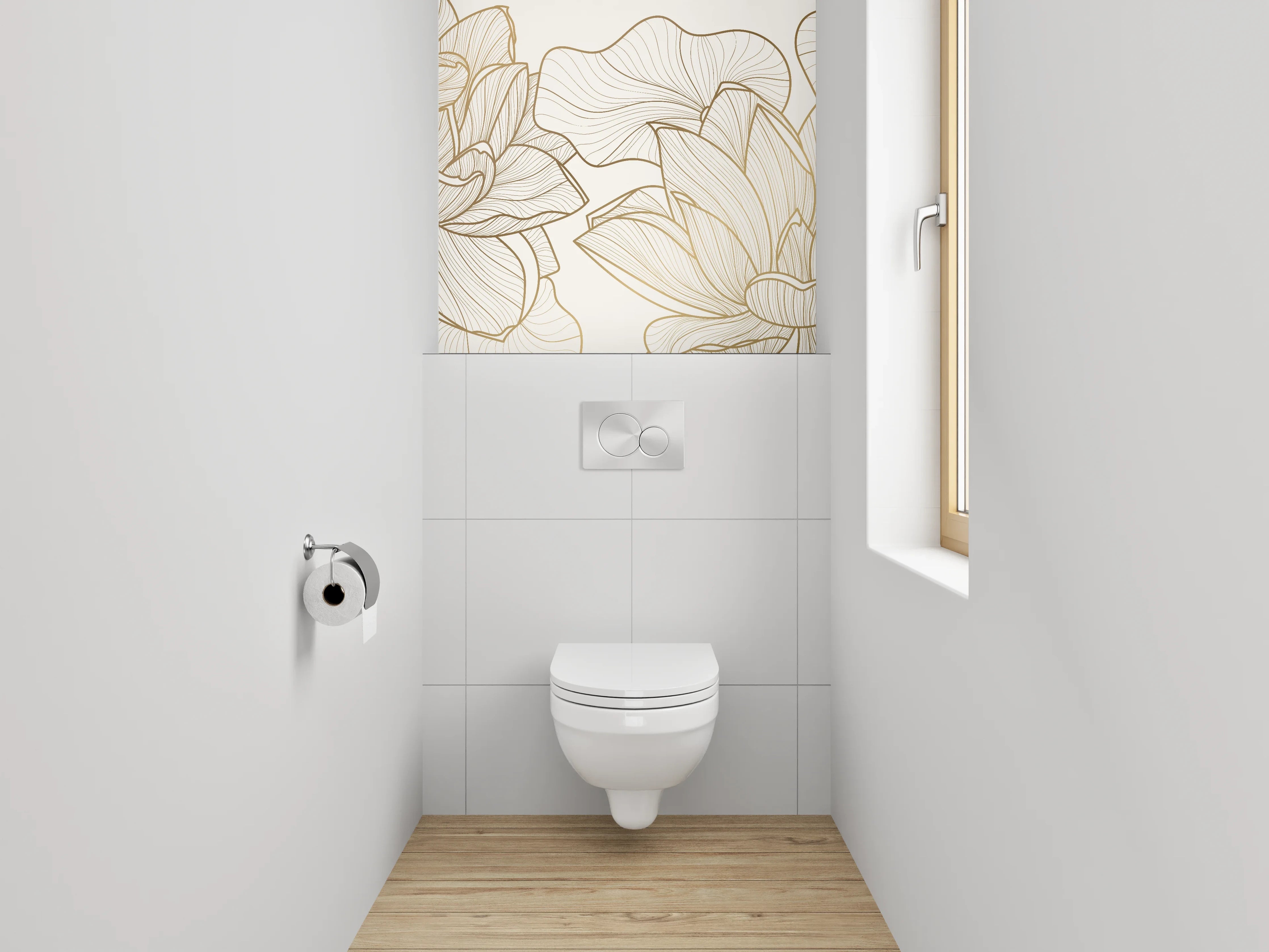 WC-Rückwand - Edle Lineart Lotus Blüten Beige Gold