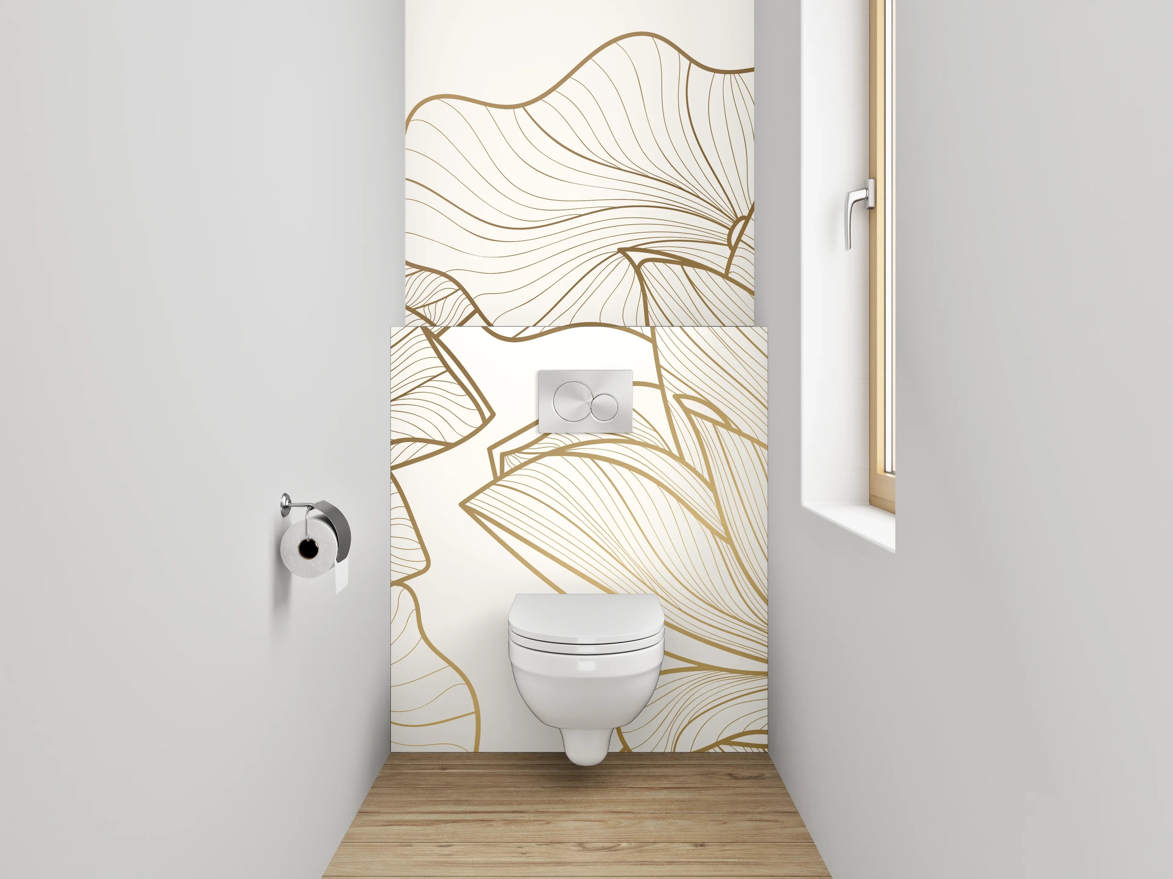 WC-Rückwand - Edle Lineart Lotus Blüten Beige Gold