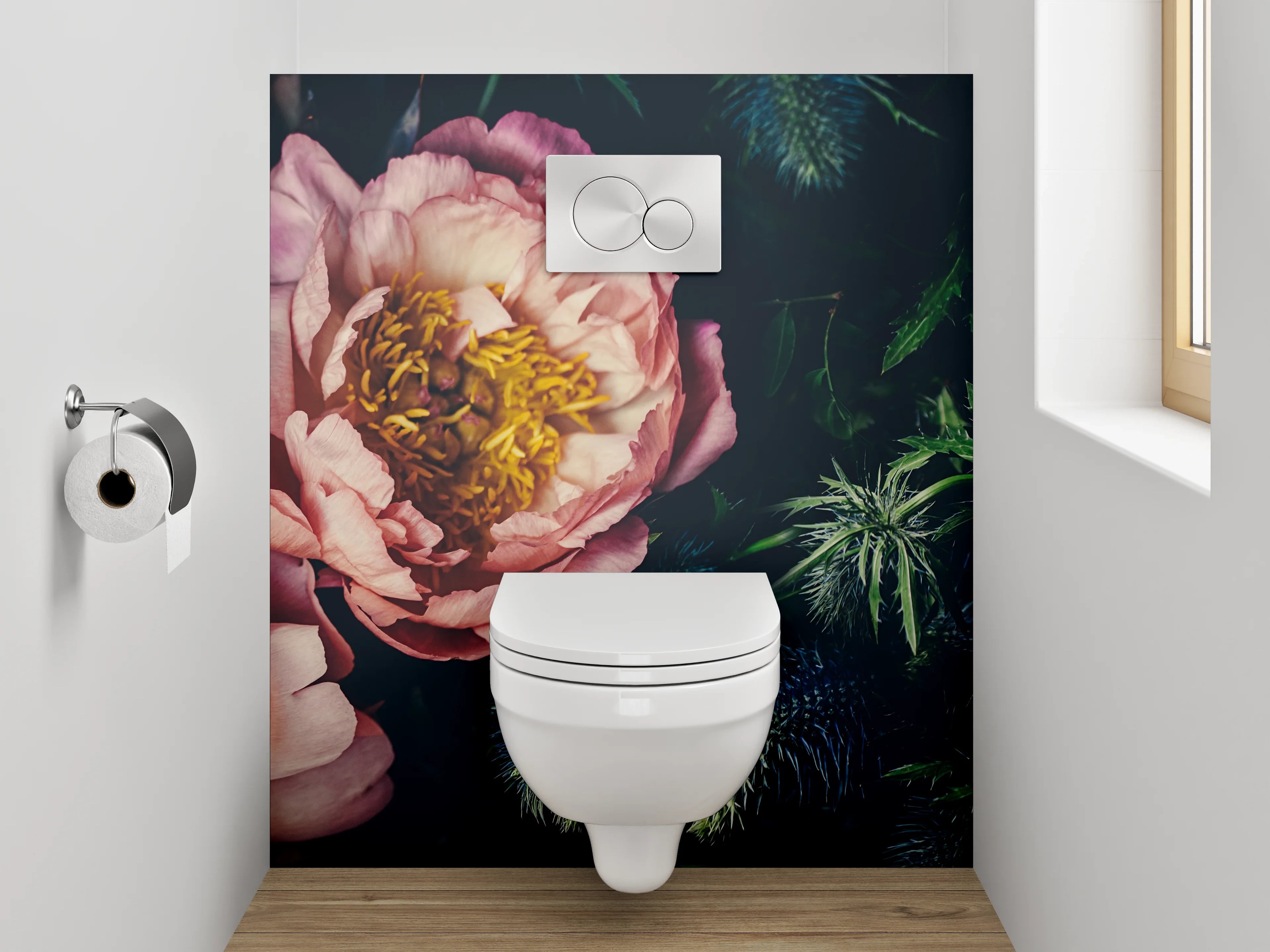 WC-Rückwand - Edle Pfingstrosen & Disteln Arrangement