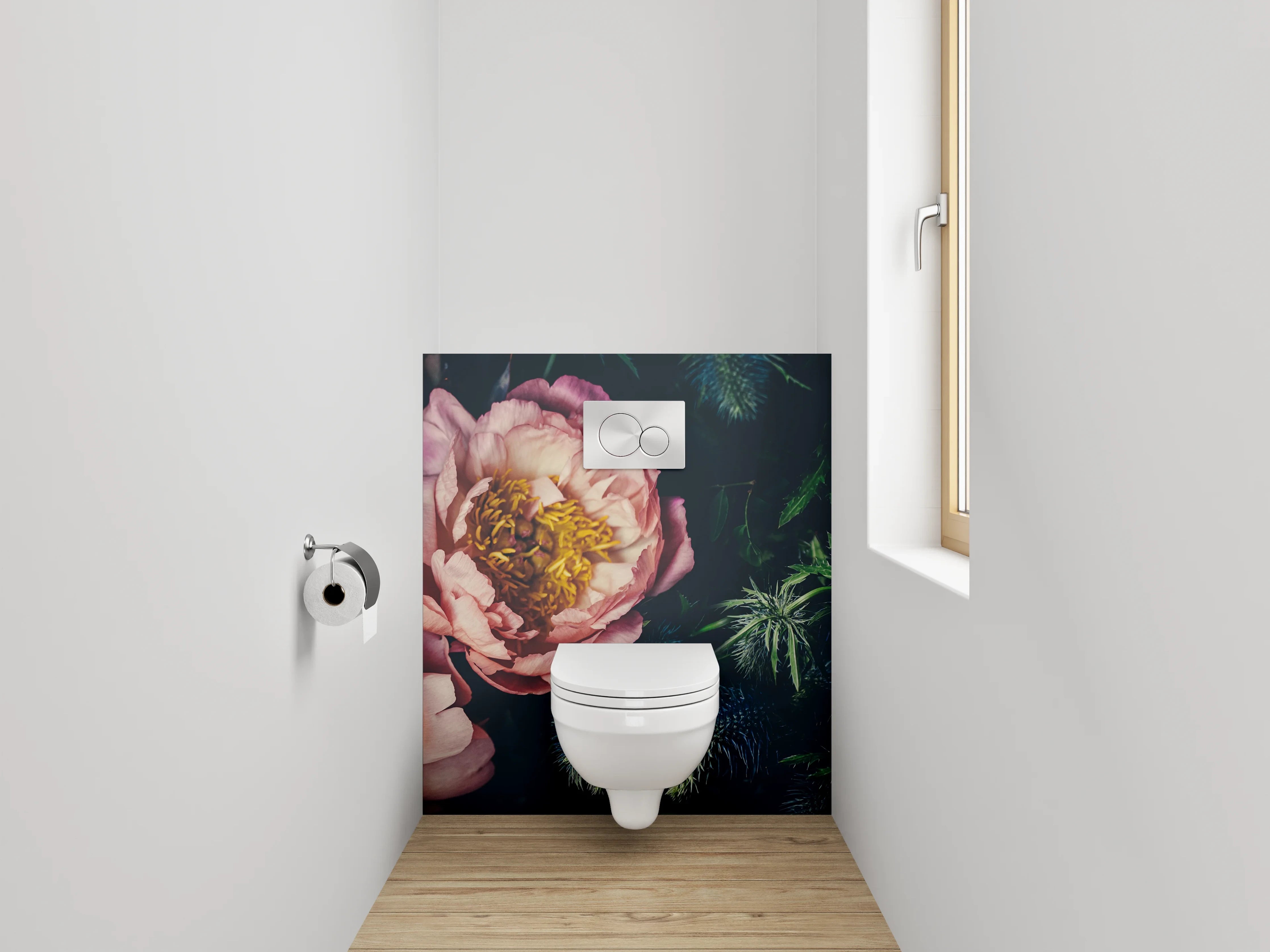 WC-Rückwand - Edle Pfingstrosen & Disteln Arrangement