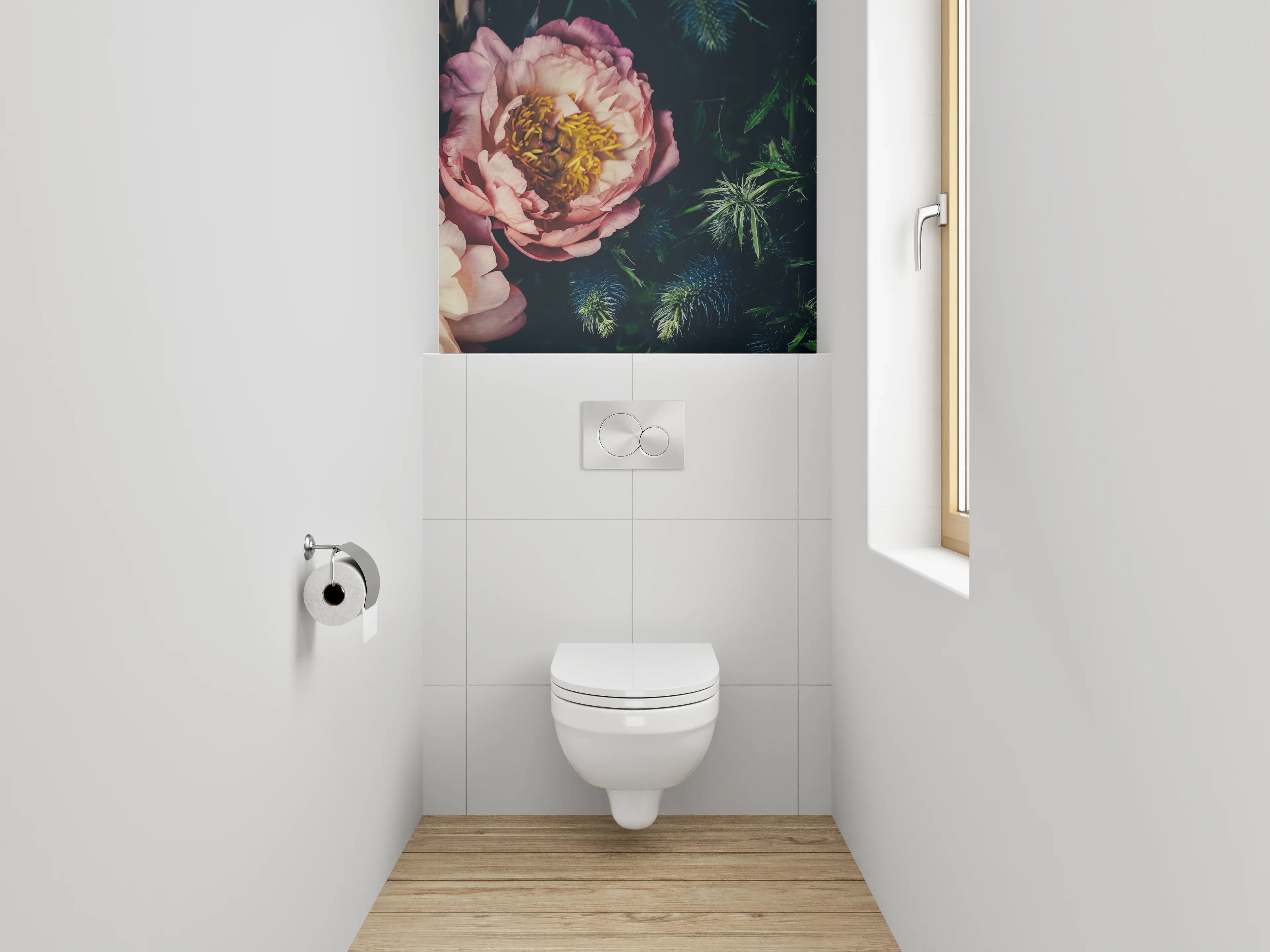 WC-Rückwand - Edle Pfingstrosen & Disteln Arrangement