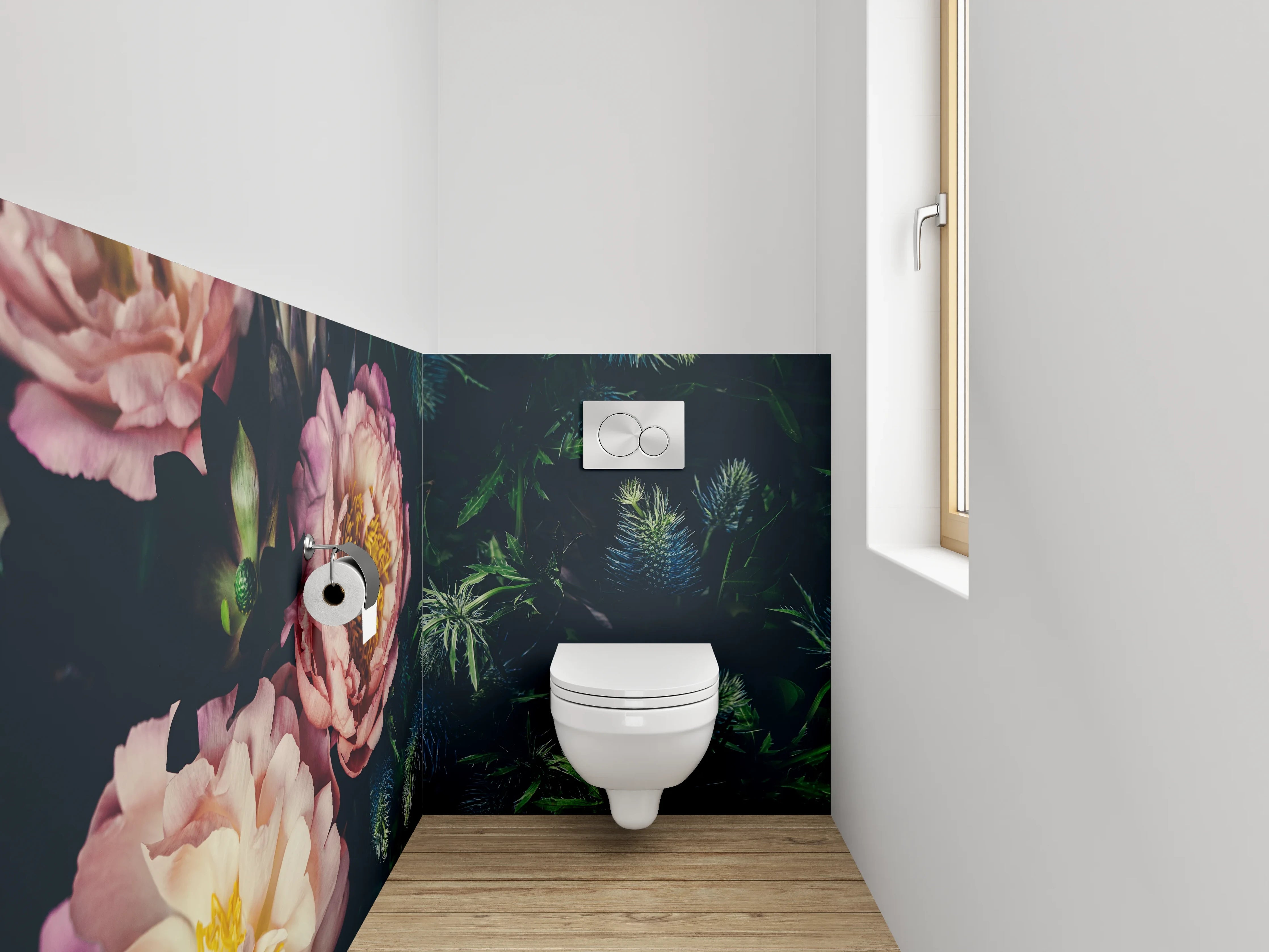 WC-Rückwand - Edle Pfingstrosen & Disteln Arrangement