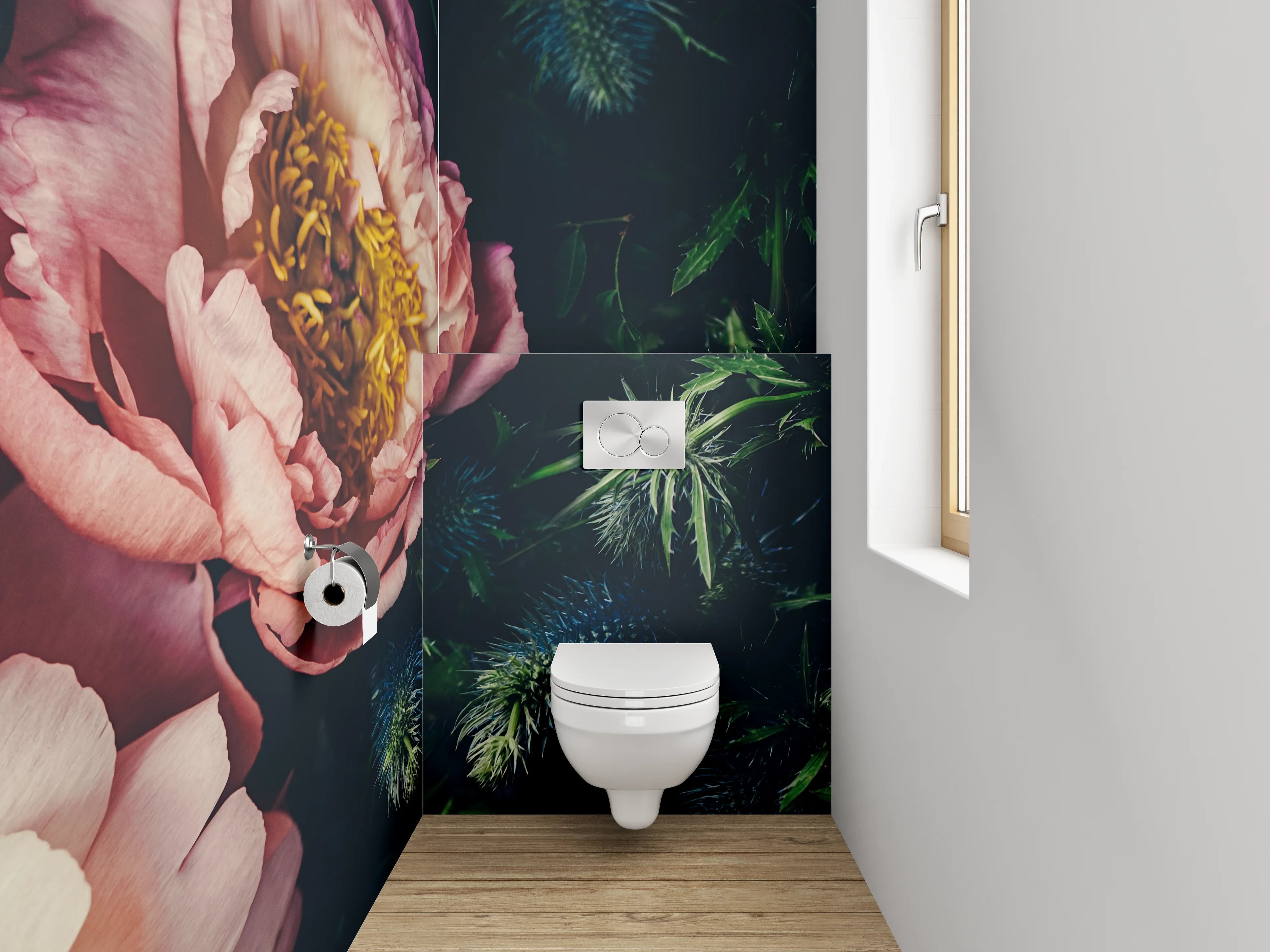 WC-Rückwand - Edle Pfingstrosen & Disteln Arrangement