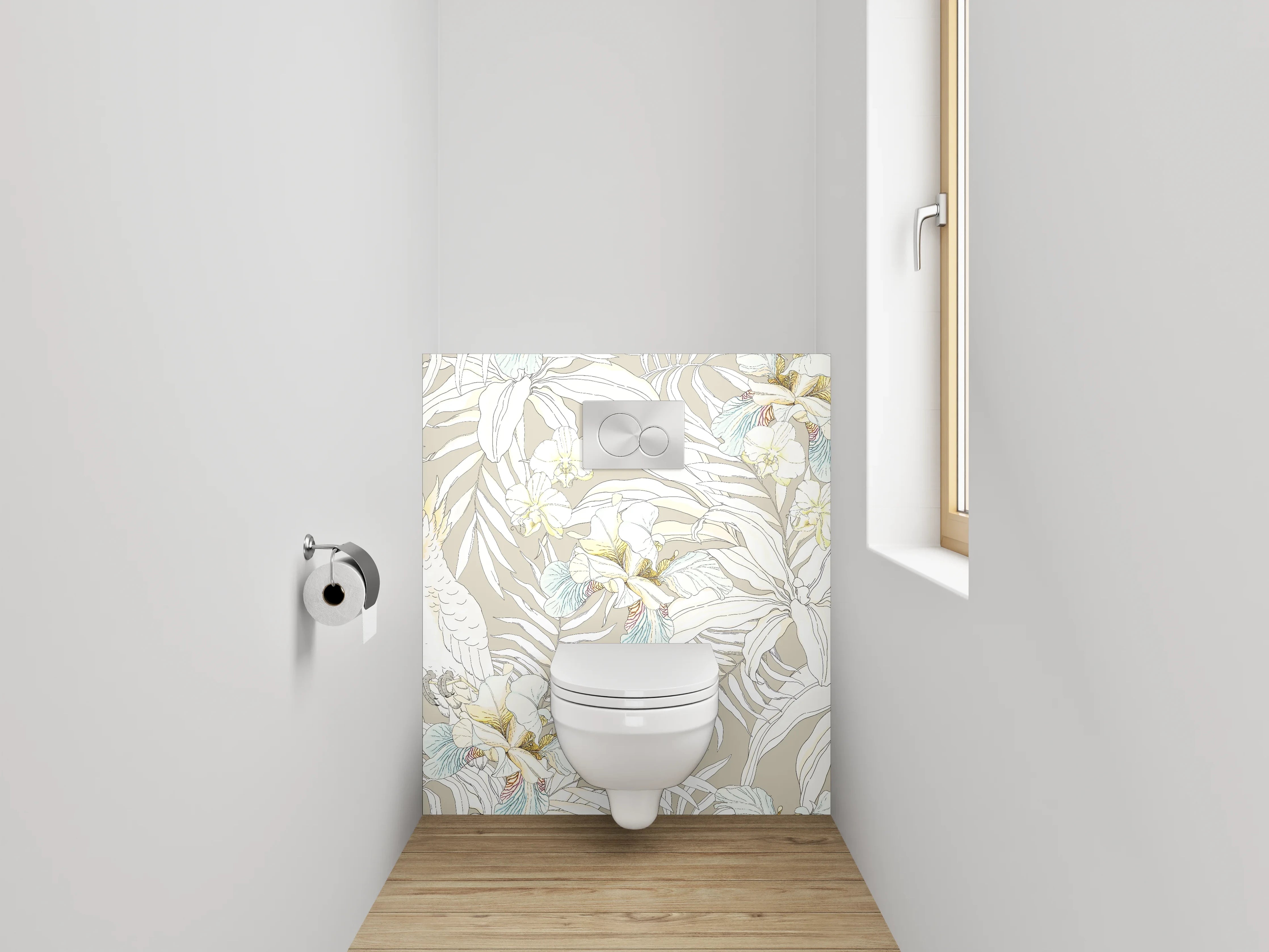 WC-Rückwand - Edle Tropenvögel auf weißem Grund