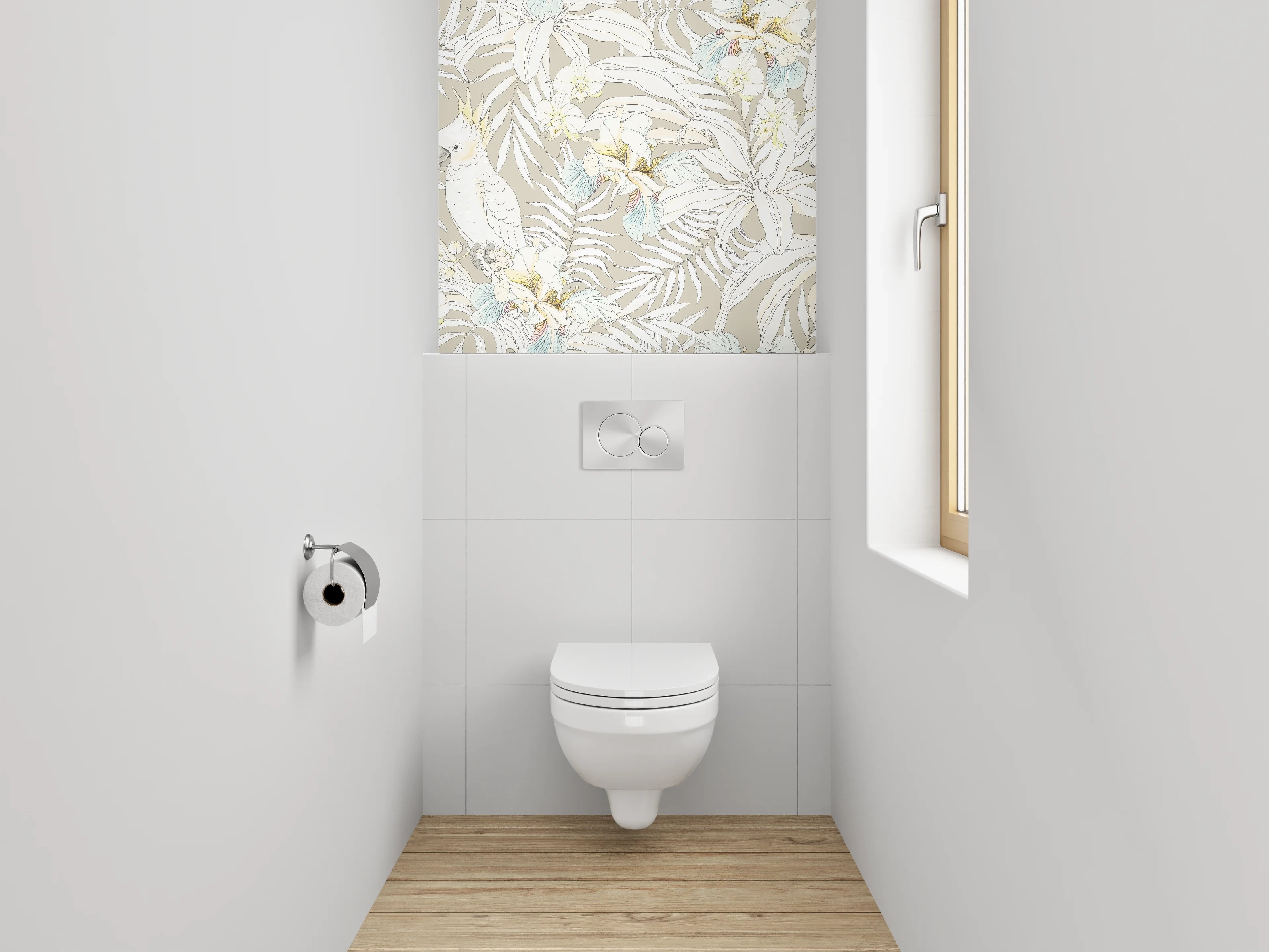 WC-Rückwand - Edle Tropenvögel auf weißem Grund