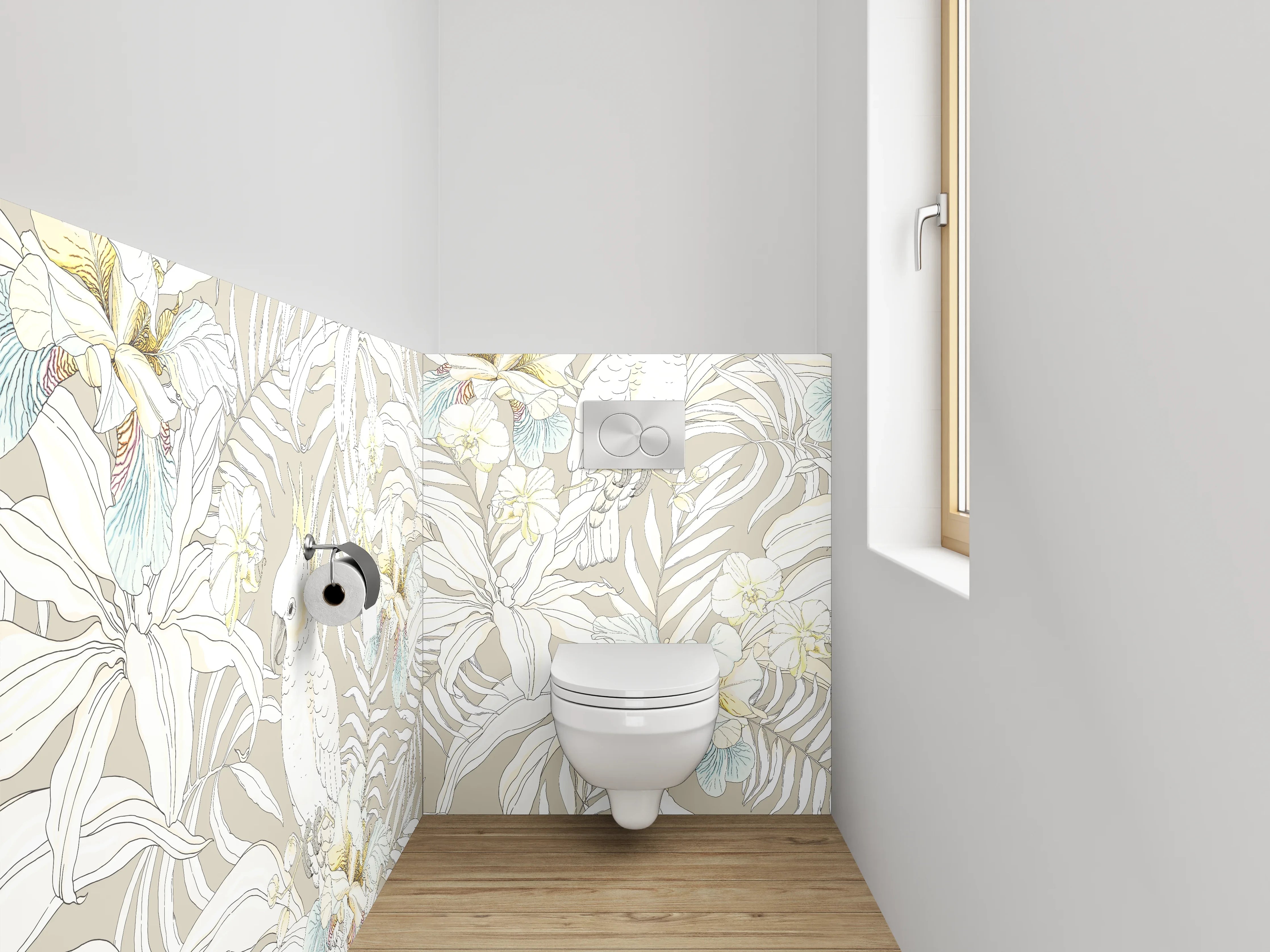 WC-Rückwand - Edle Tropenvögel auf weißem Grund