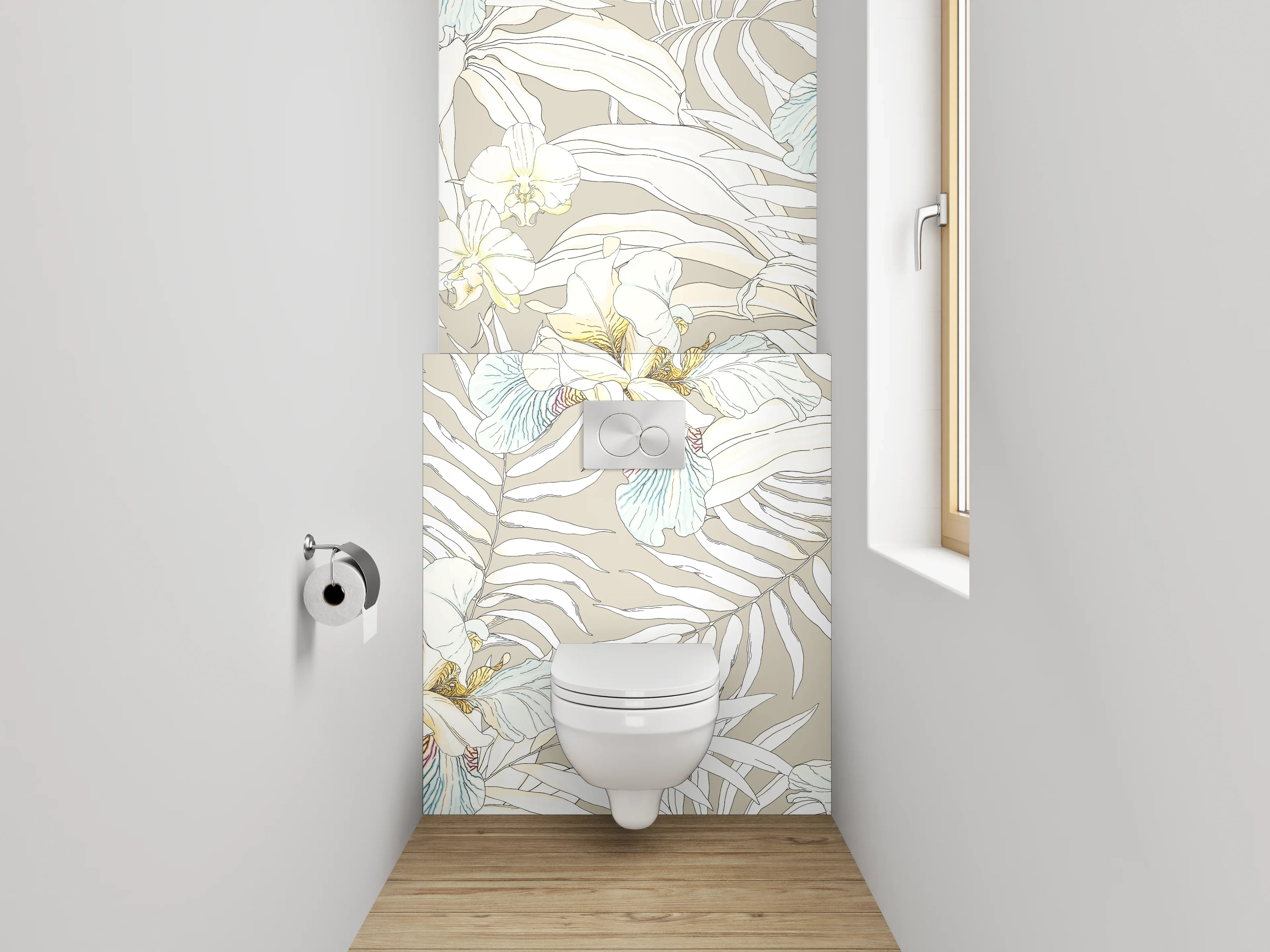 WC-Rückwand - Edle Tropenvögel auf weißem Grund
