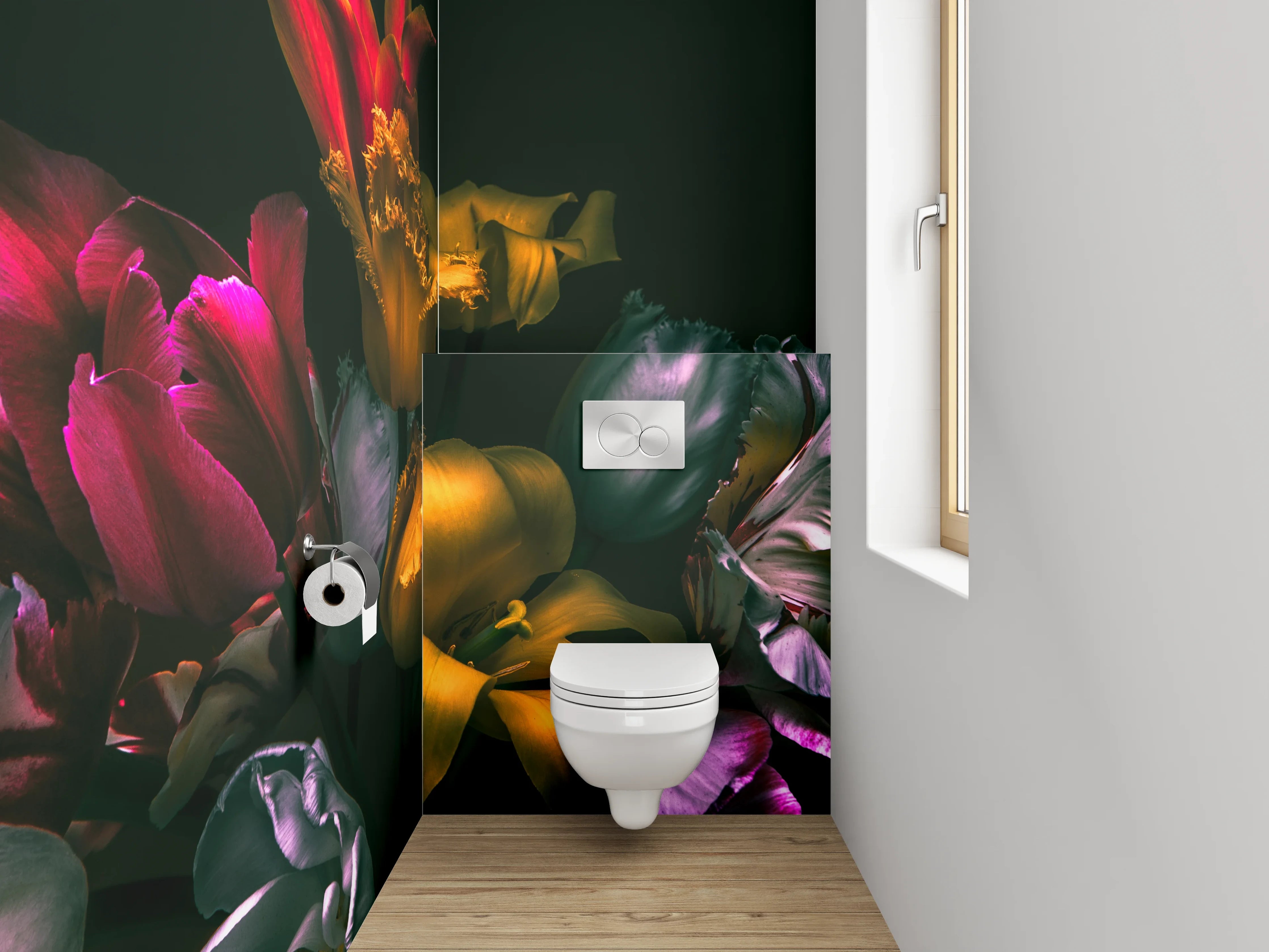 WC-Rückwand - Edle Tulpenblüten in Dunkeloptik