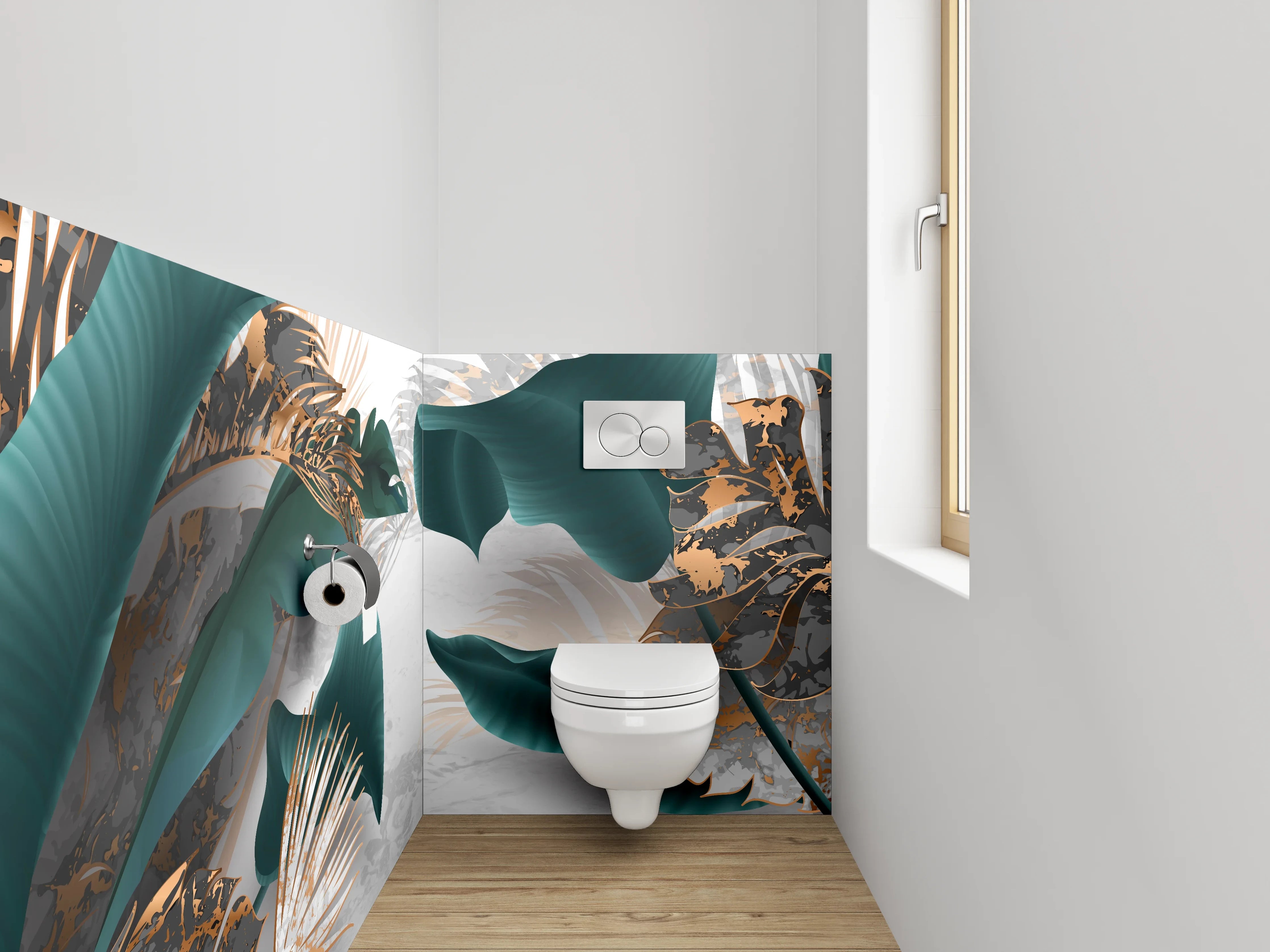 WC-Rückwand - Edle botanische Blätter auf modernem Marmor