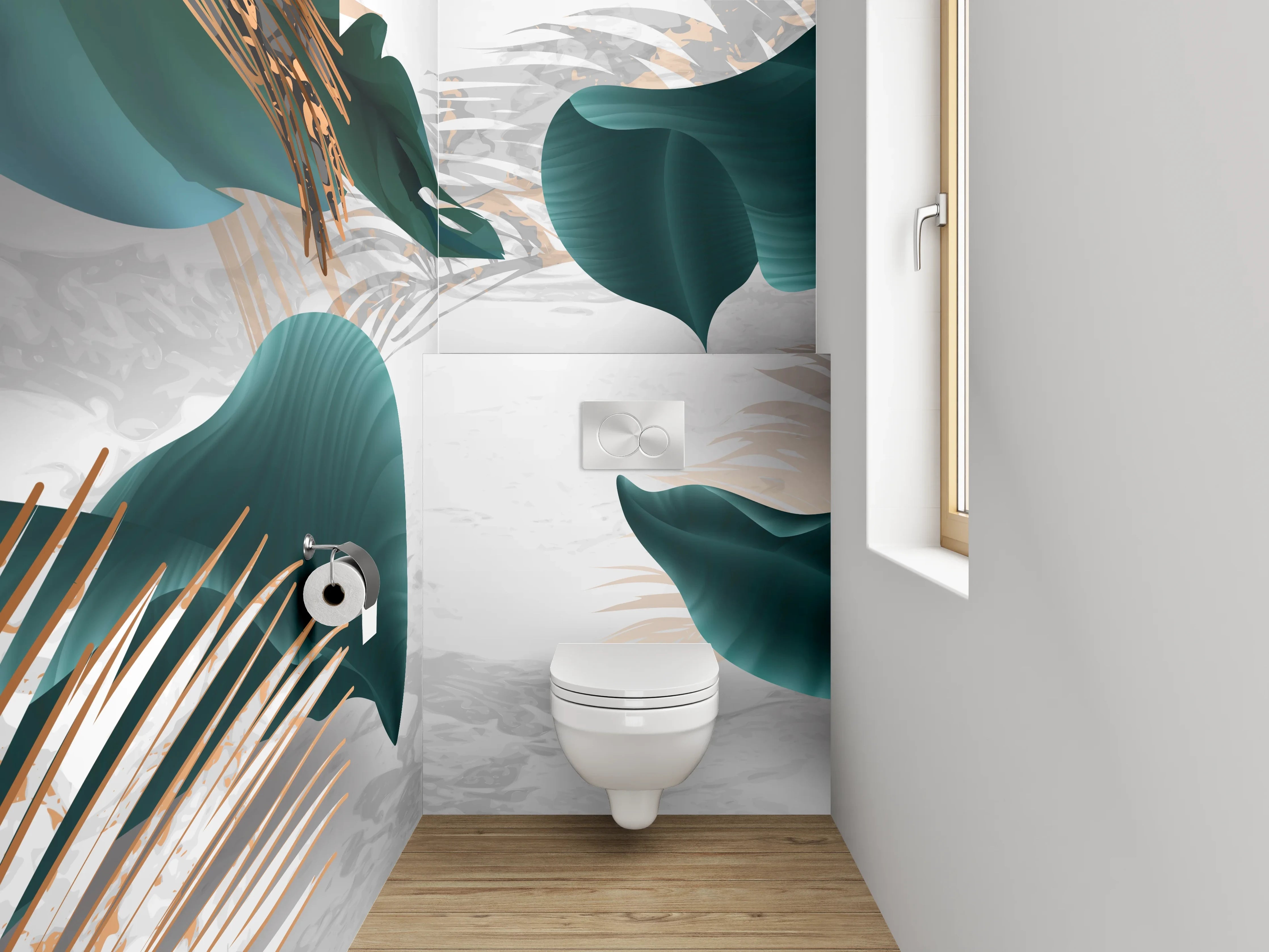 WC-Rückwand - Edle botanische Blätter auf modernem Marmor