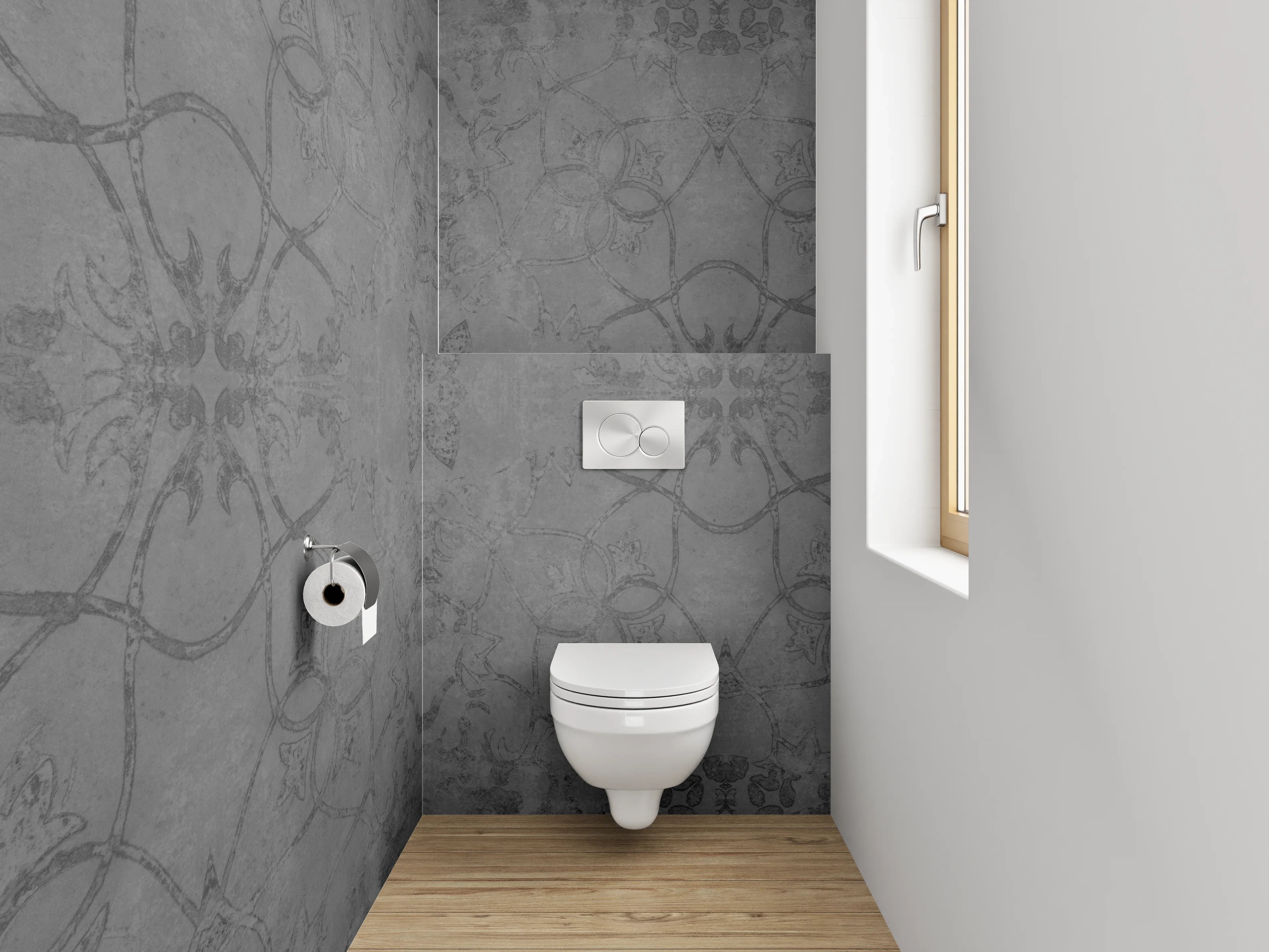 WC-Rückwand - Edle graue Ornamentmuster Fliesenoptik