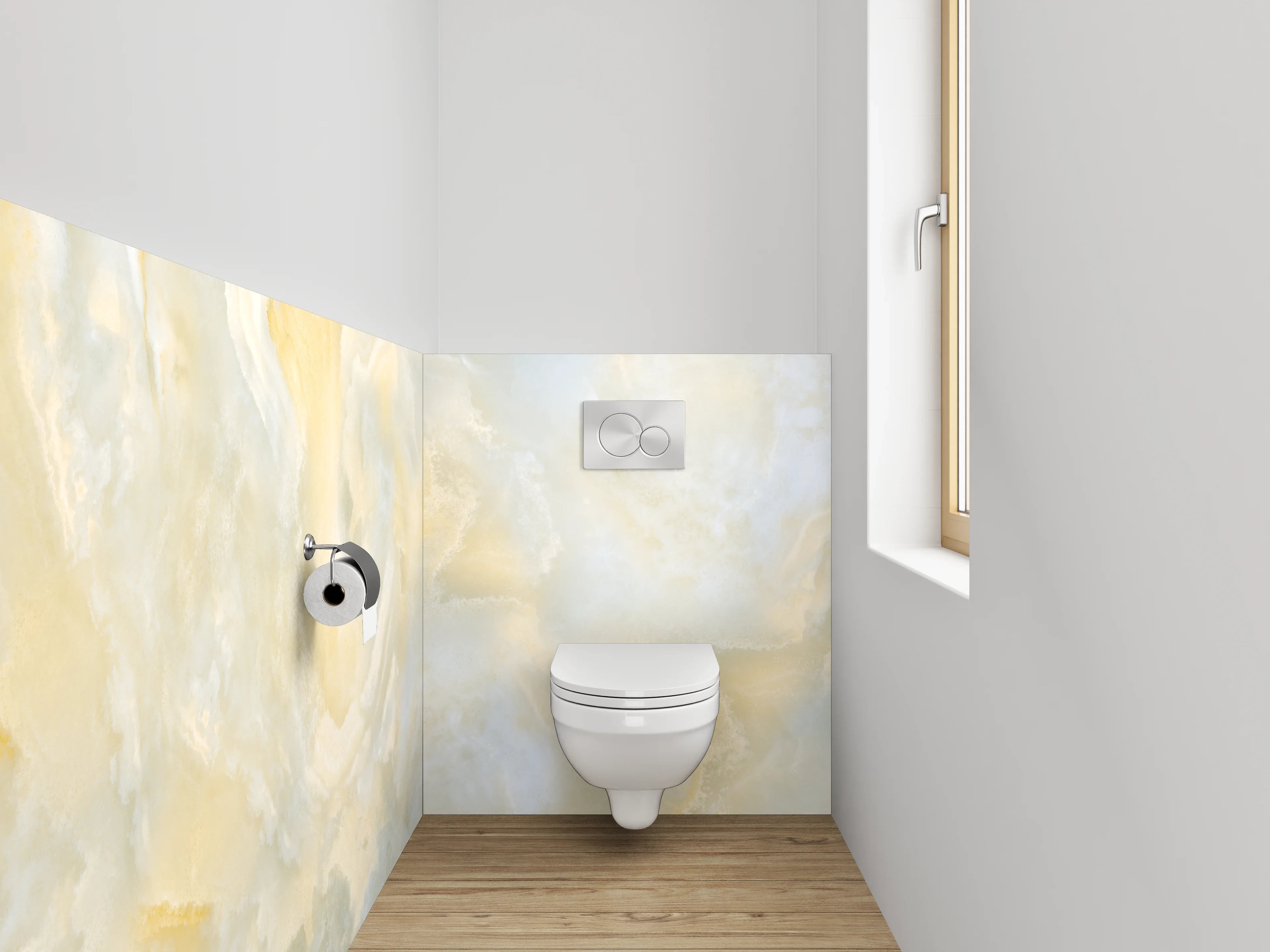 WC-Rückwand - Edler Onyx-Marmor in Beige-Weiß