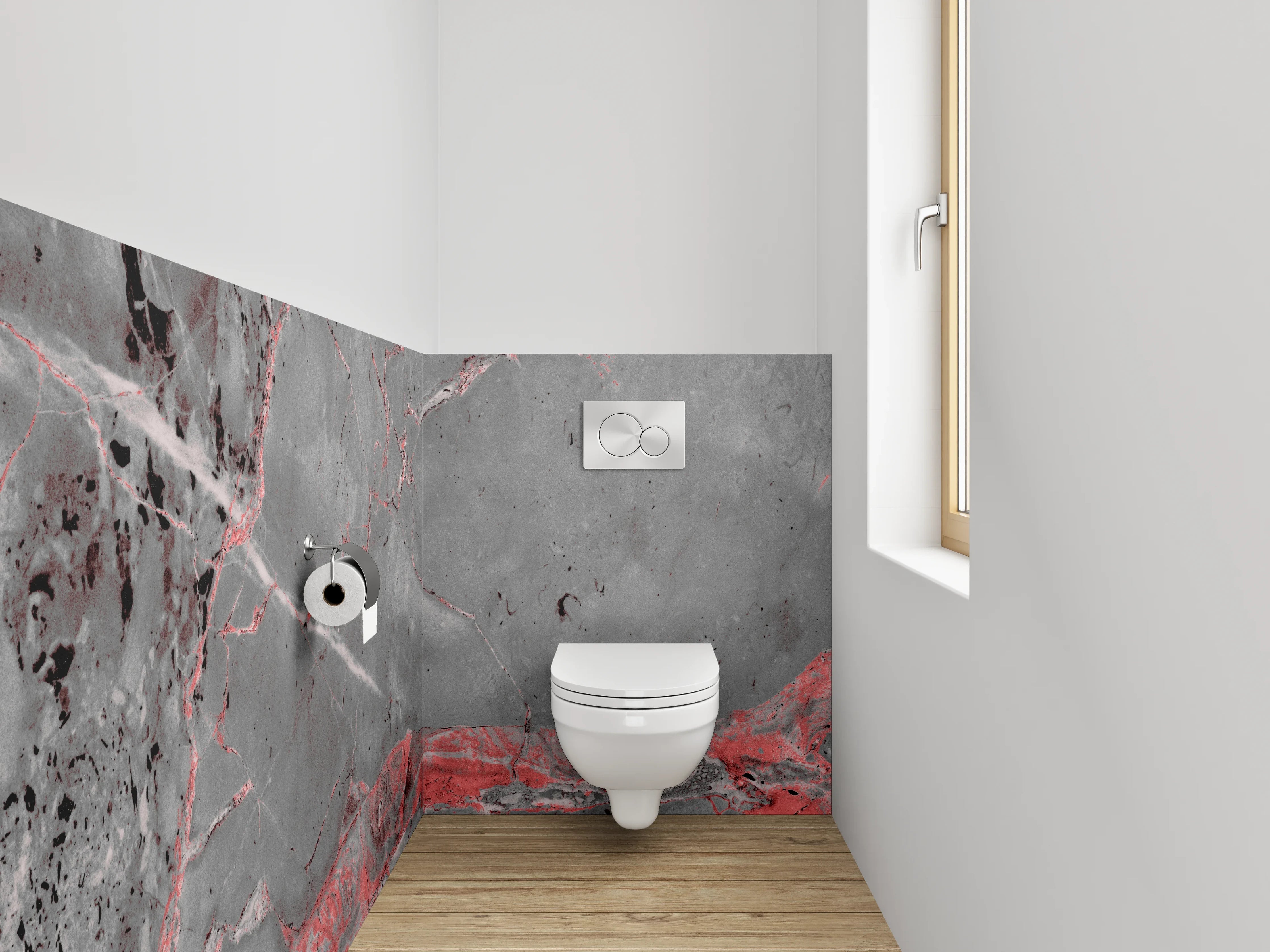 WC-Rückwand - Edler grauer Marmor mit roten Adern