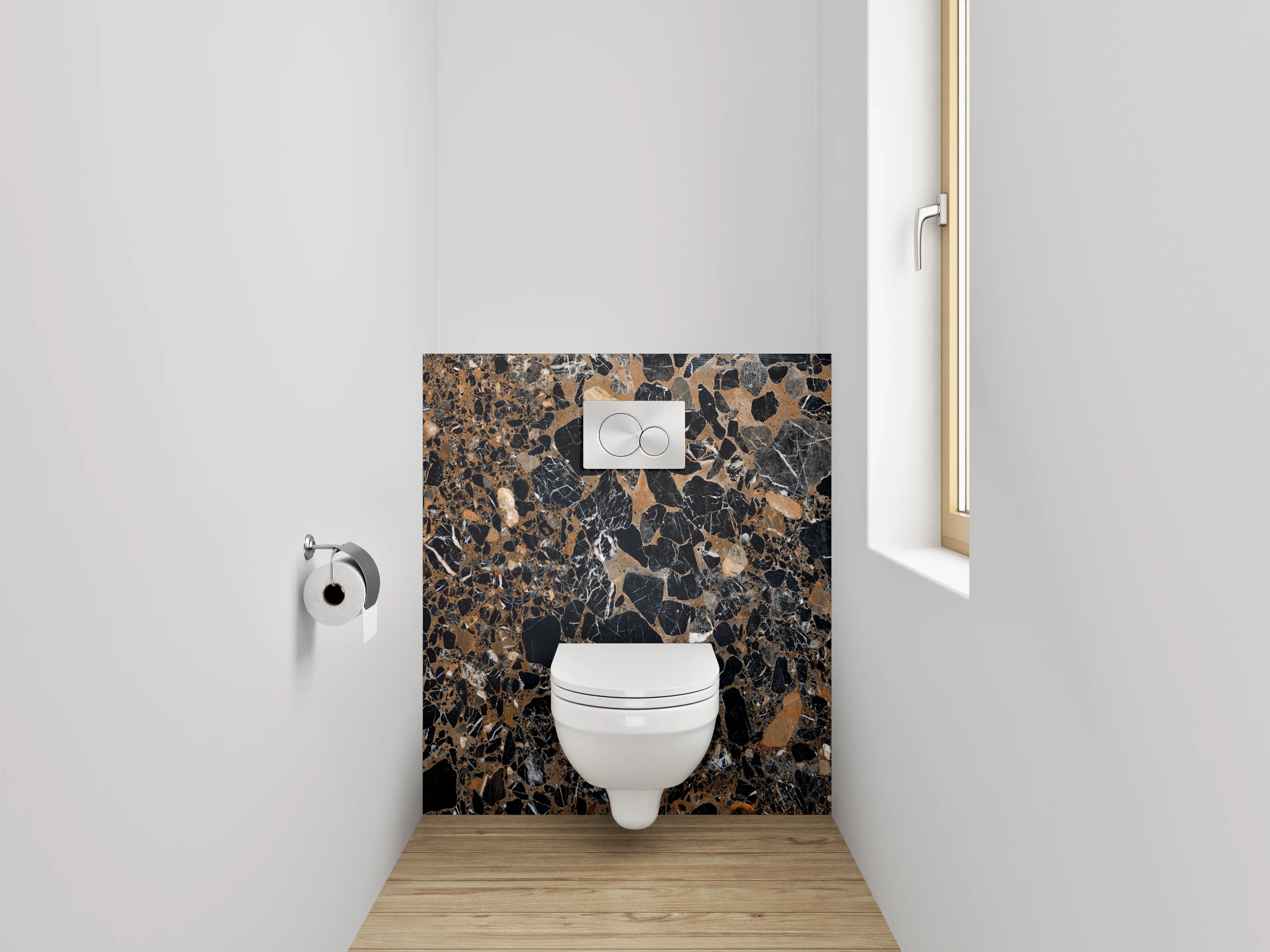 WC-Rückwand - Edler schwarzer Marmor mit goldbraunen Akzenten