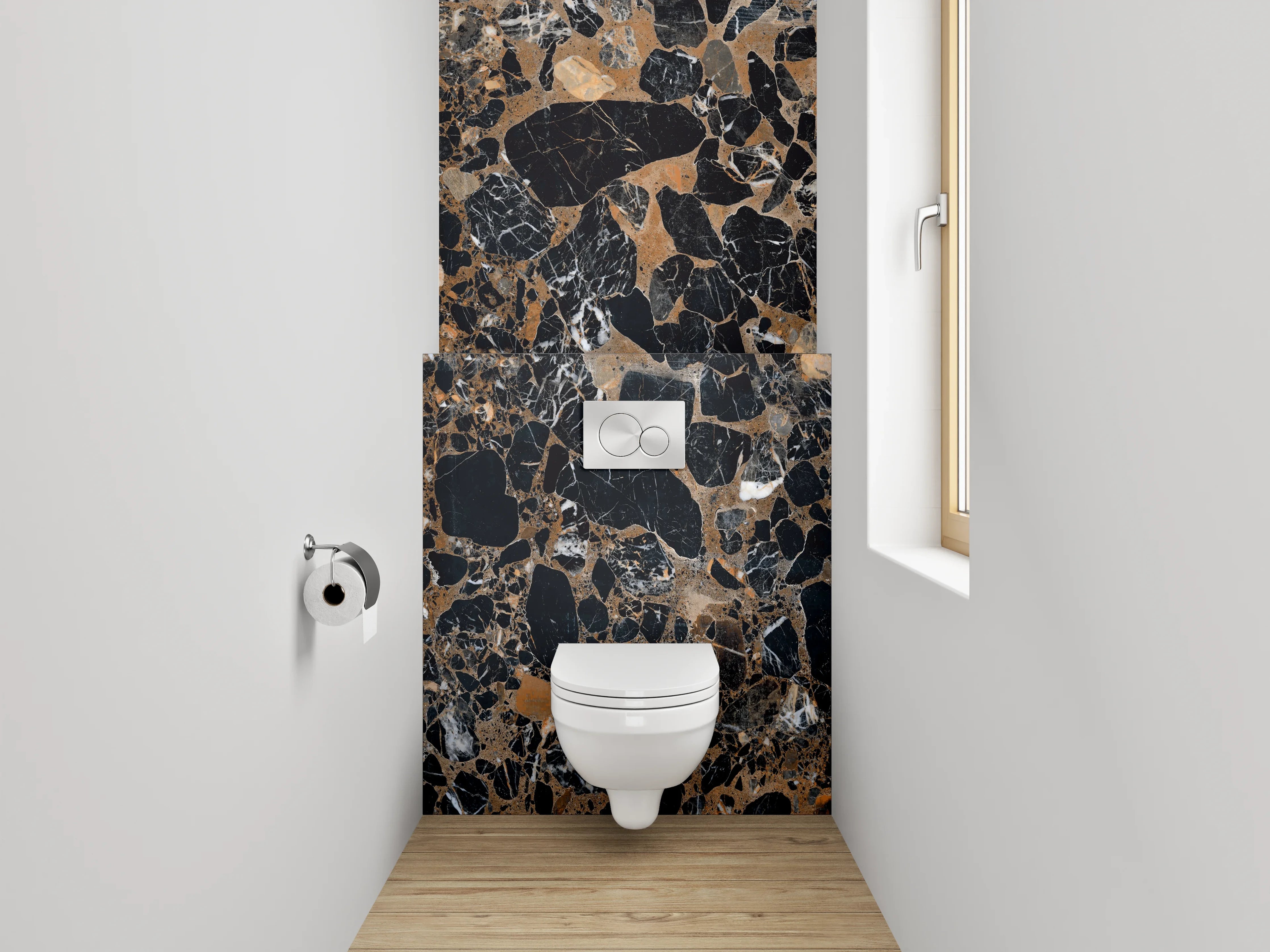 WC-Rückwand - Edler schwarzer Marmor mit goldbraunen Akzenten